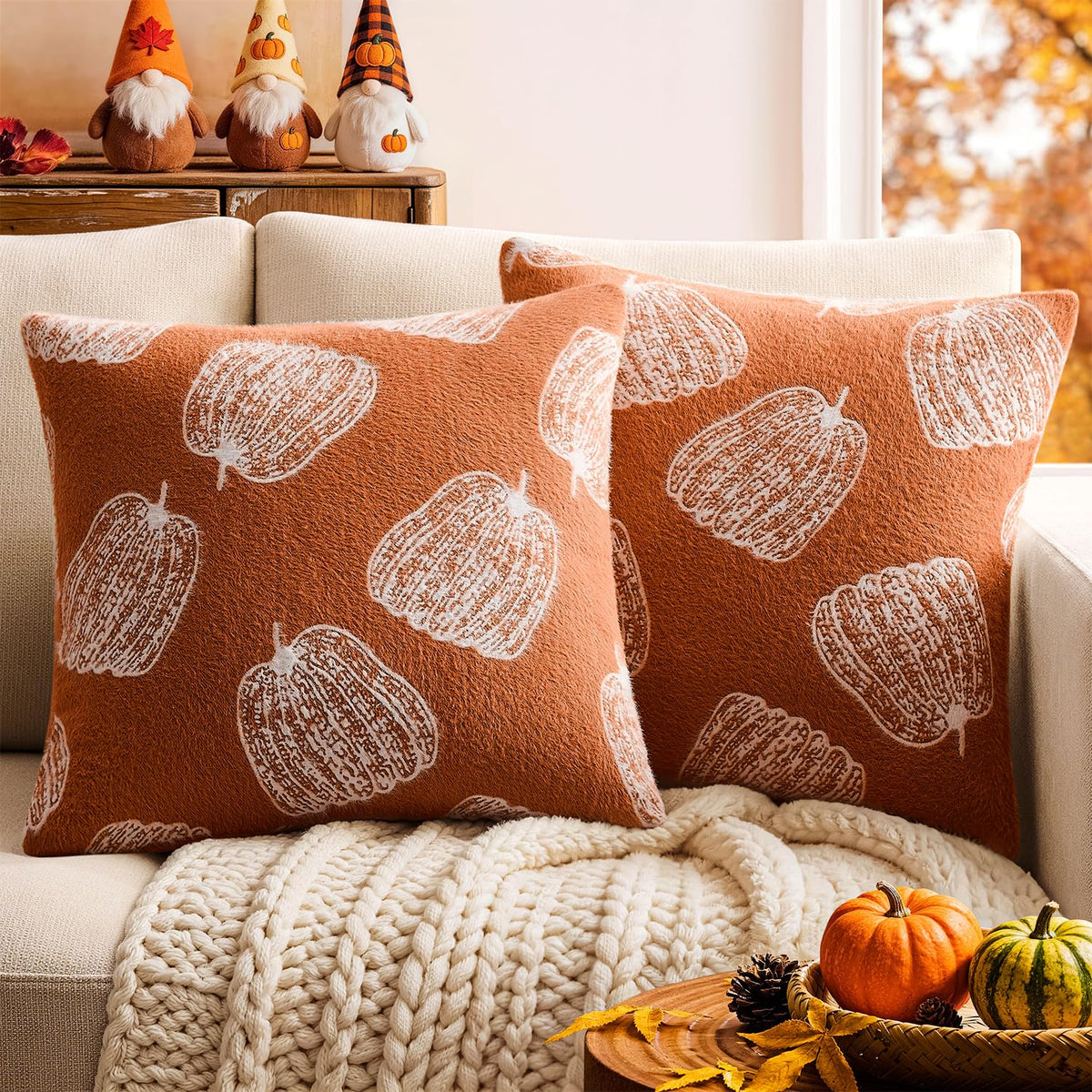Throw Pillow Covers Set of 2 18x18 White Pumpkins Fall Camel Covers, Soft Faux Decorative Yellow Covers for Couch Sofa Bed Living Room, Farmhouse Home Boho Decor