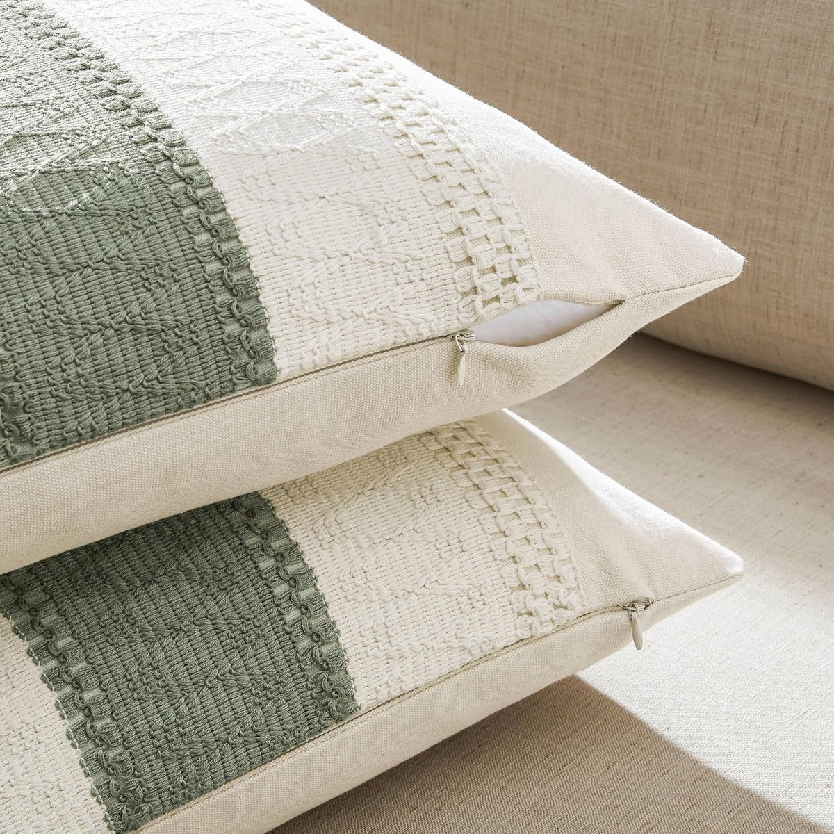 ZeeMart 2 Pack Boho Throw Pillow Covers, Contrast Green 22x22in