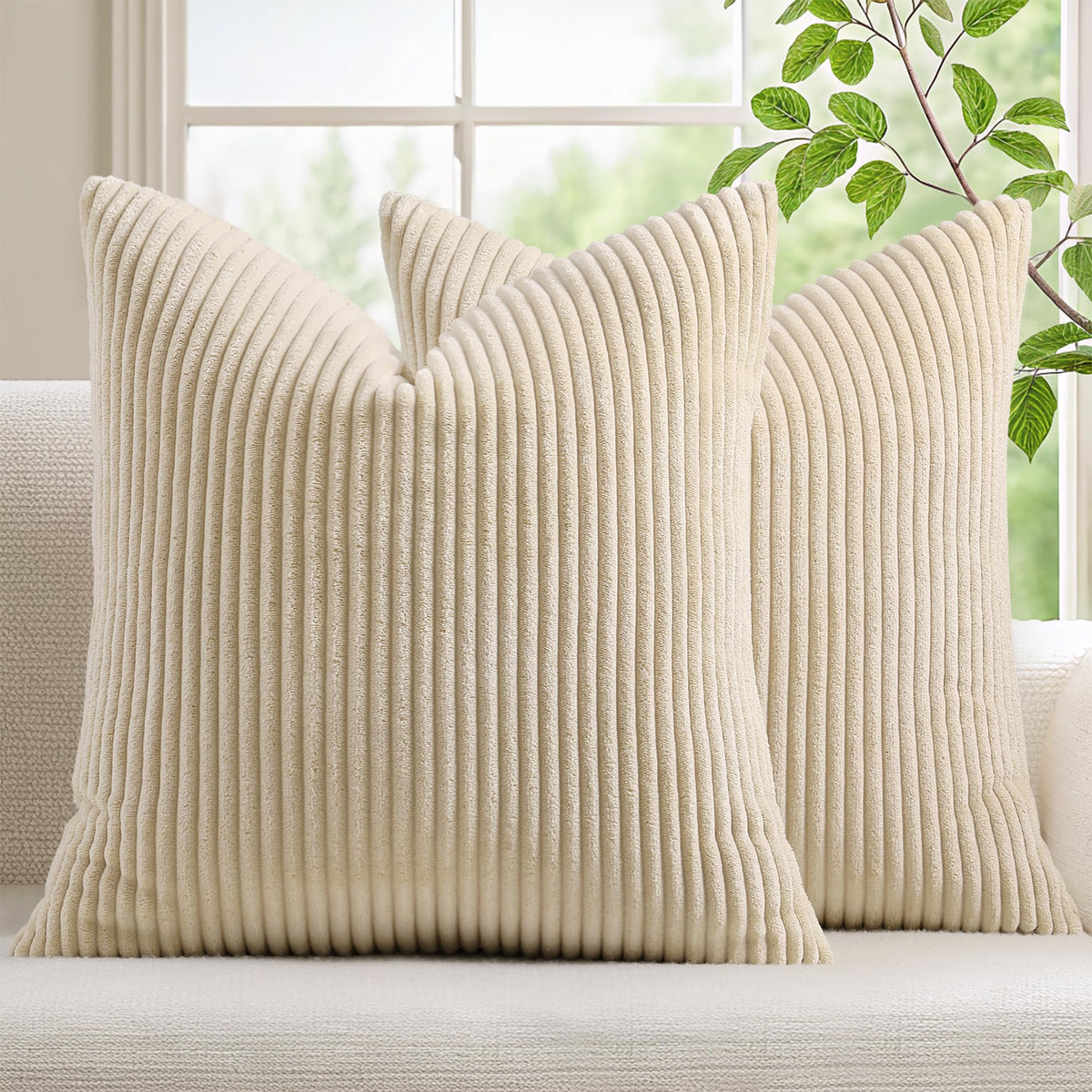 Mecatny Corduroy Fall Throw Pillow Covers 18x18 Set of 2 Cream White