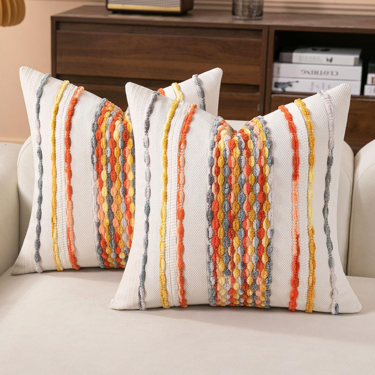 Boho Striped Throw Pillow Covers 18x18 Inch Set of 2 Farmhouse Square Decorative Pillow Covers Chenille Tufted Accent Neutral Pillowcase Grey Blue Cushion Cover for Living Room Couch Sofa Bed