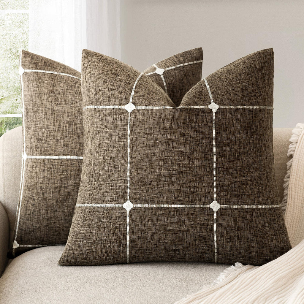Foindtower Pack of 2 Decorative Faux Linen Jacquard Check Throw Pillow Covers Farmhouse Cushion Cover with Grid Textured Accent Pillowcase for Couch Sofa Living Room Home Decor,20×20 Inch,Oatmeal