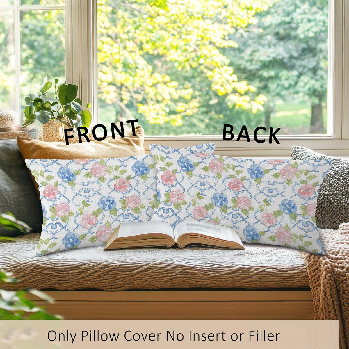 Preppy Blue and Pink Green Floral Throw Pillow Covers Set of 2