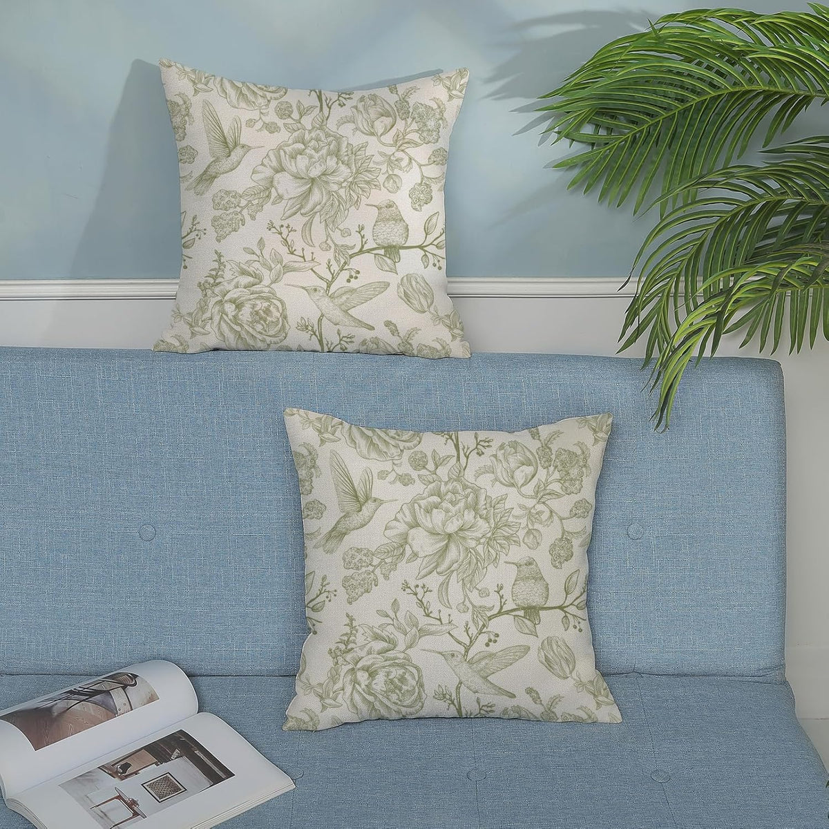 Sage Green Pillow Covers 18x18 Set of 2 Light Green Chinoiserie Bird Floral Throw Pillows Outdoor Decor Vintage Hummingbird Flower Pillow Cases Linen Decorative Cushion Cover for Couch Sofa