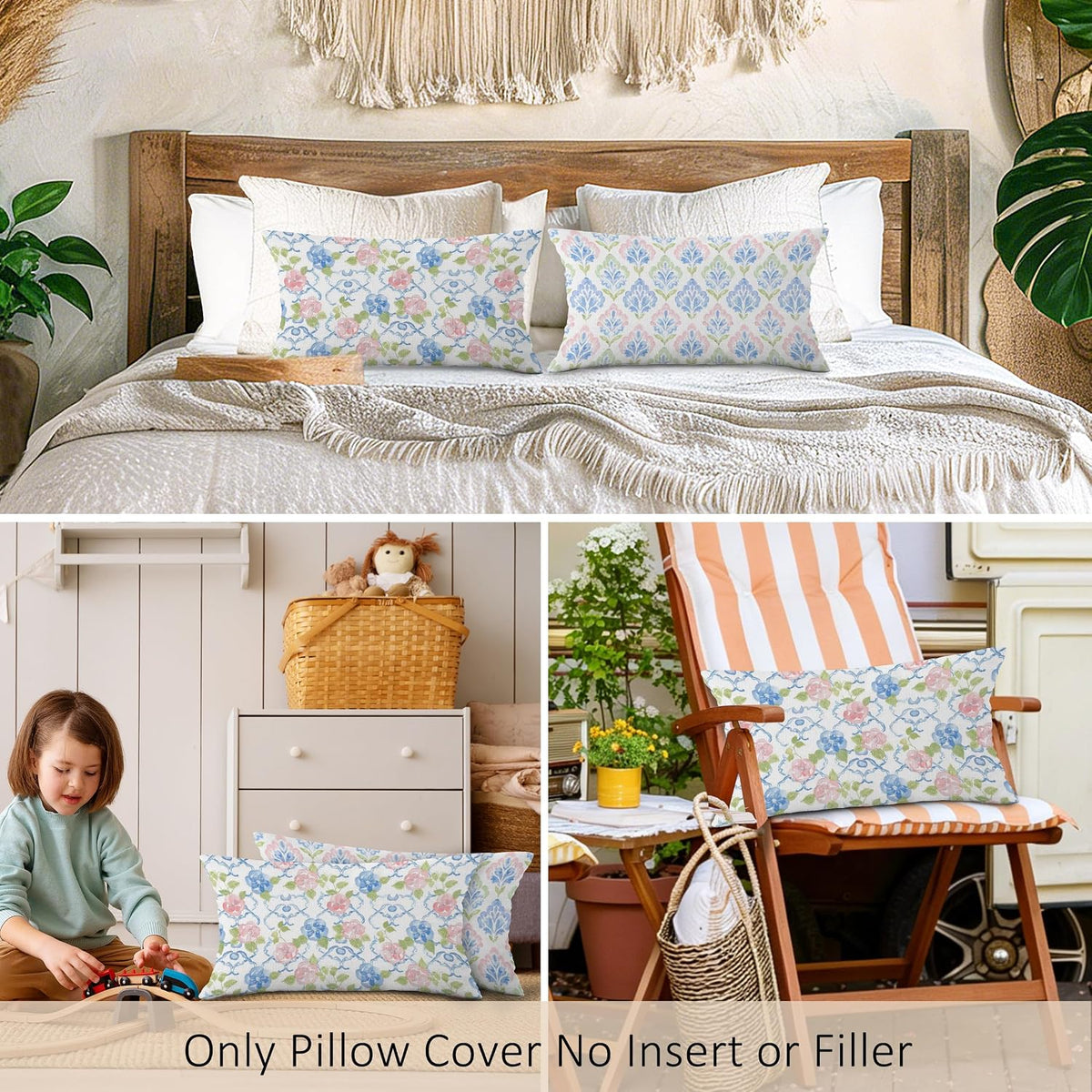Preppy Blue and Pink Green Floral Throw Pillow Covers Set of 2