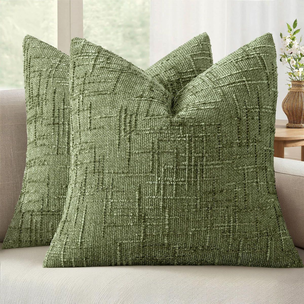 MIULEE Chenille Textured Throw Pillow Covers Cream White 18x18 Set of 2