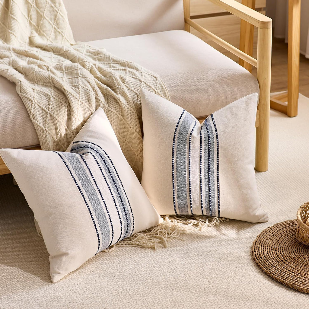 KINDREX Striped Linen Decorative Throw Pillow Covers 18x18 Navy Blue