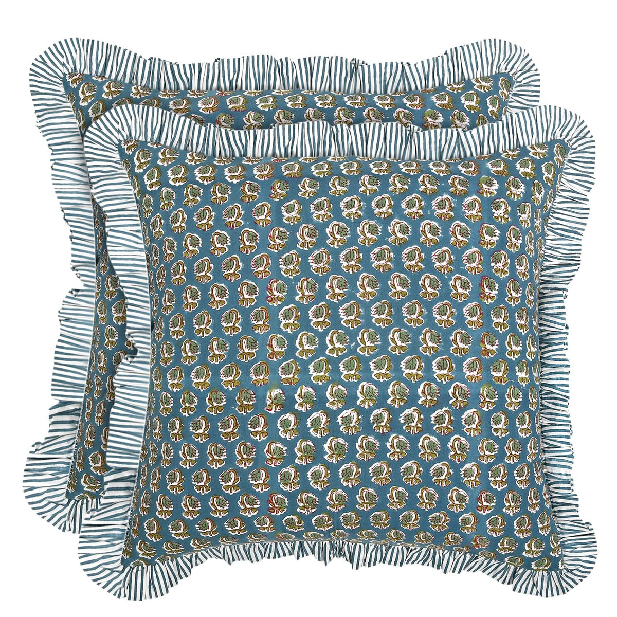 Ridhi Goldenrod Yellow Block Print Ruffle Pillow Covers 18x18 Inch Set of 2