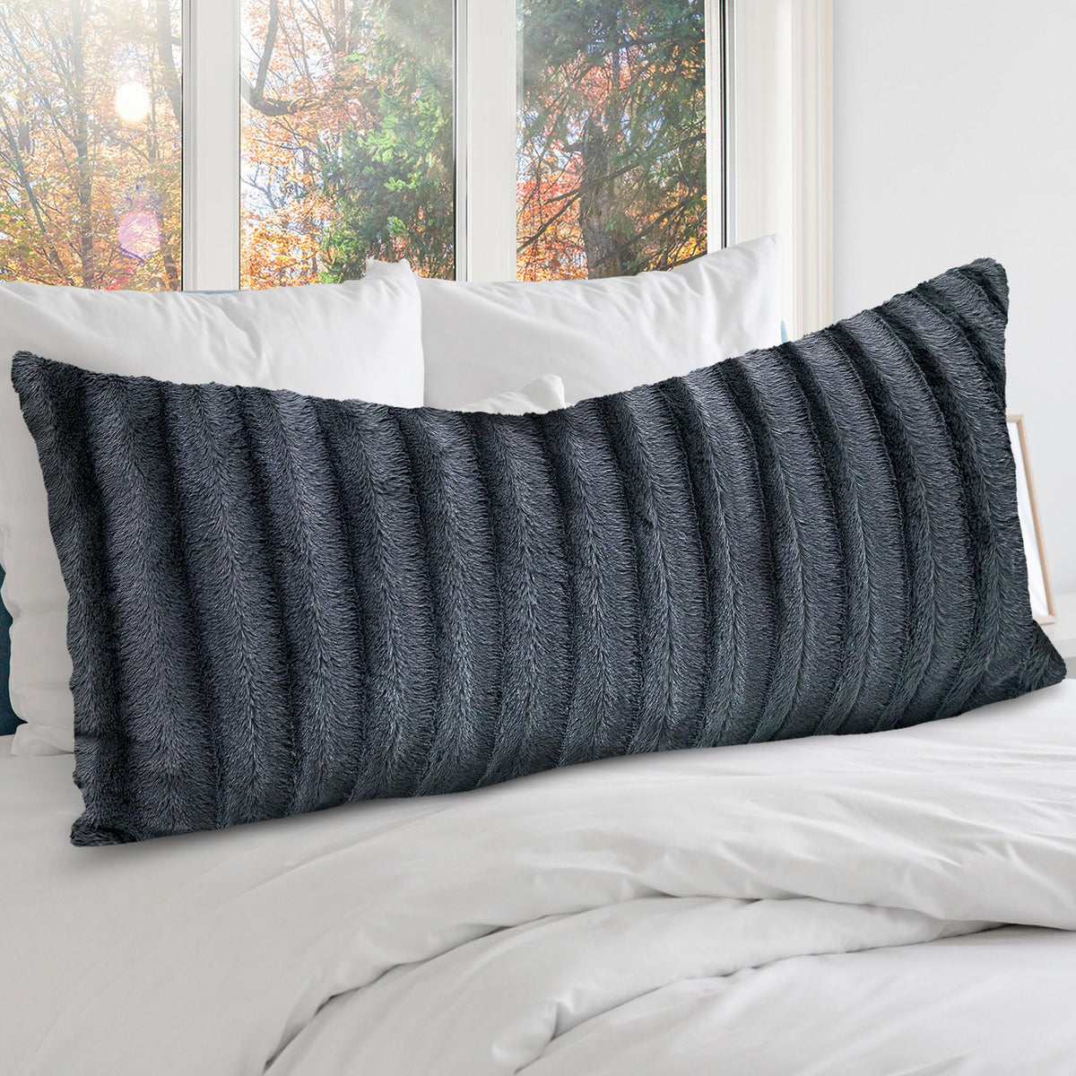 Cheer Collection Faux Fur Long Body Pillow - Accent Throw Pillow for Bed and Couch - Decorative Lumbar Pillow with Insert, Black (18" x 40")
