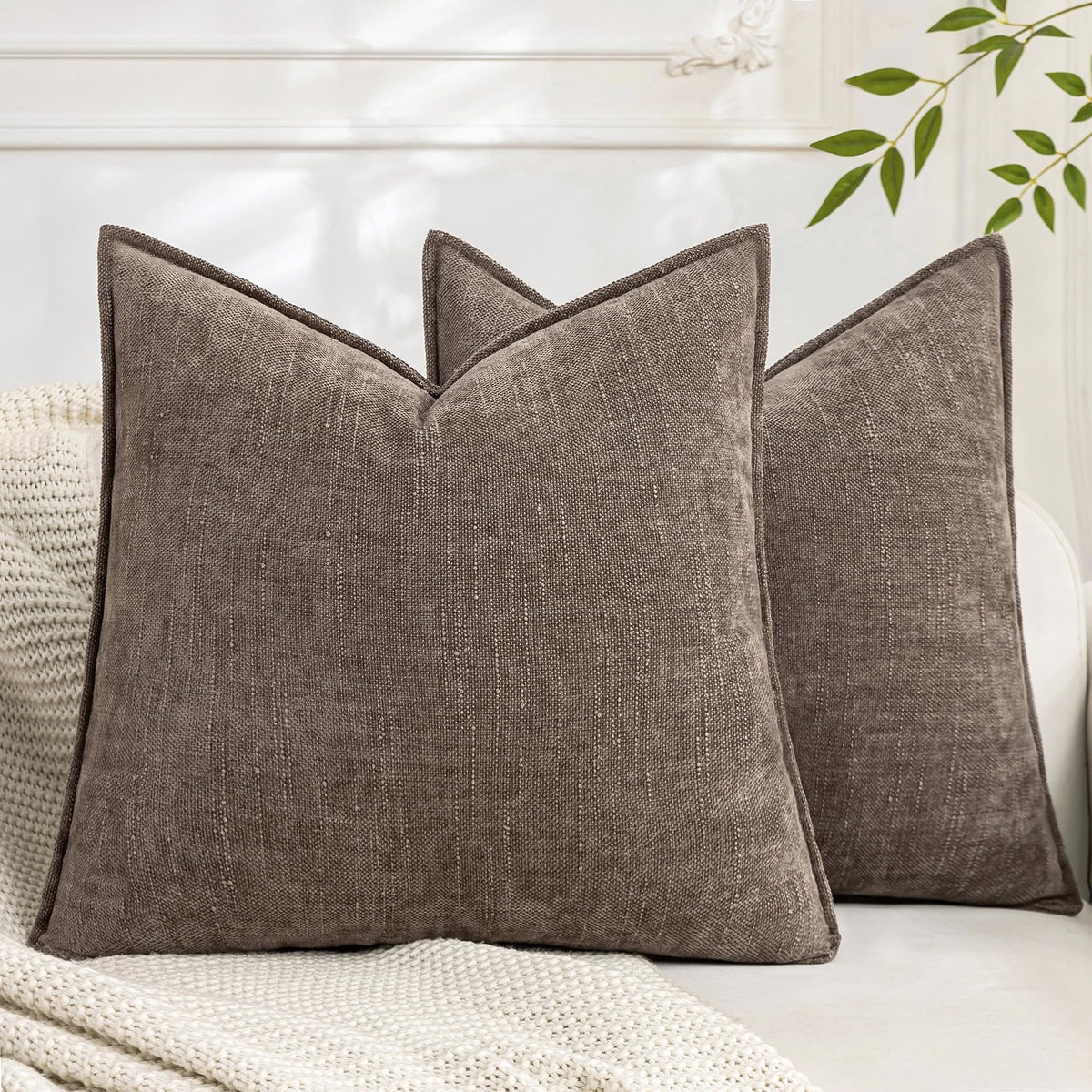 Set of 2 Soft Textured Decorative Throw Pillow Covers 18x18 Inch Cozy Farmhouse Cushion Cover Square Accent Pillow Cases for Bed Couch Sofa Living Room, Taupe Grey