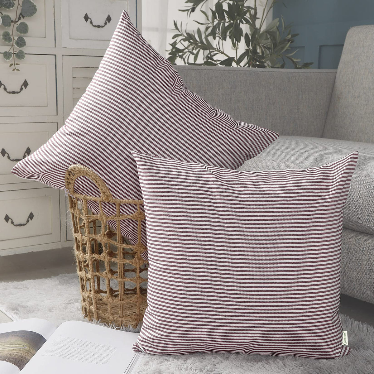 Farmhouse Brown Gingham Checkered Plaid Throw Pillow Covers 20x20 Set of 2