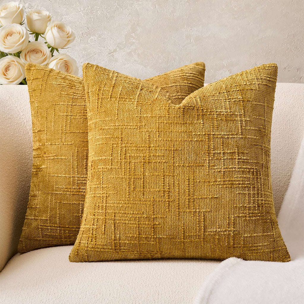Throw Pillow Covers Mustard Yellow Set of 2 18x18 Inch Pillow Covers, Soft Fall Chenille Neutral Decorative Covers for Couch Sofa Bed Living Room, Home Modern Farmhouse Boho Decor