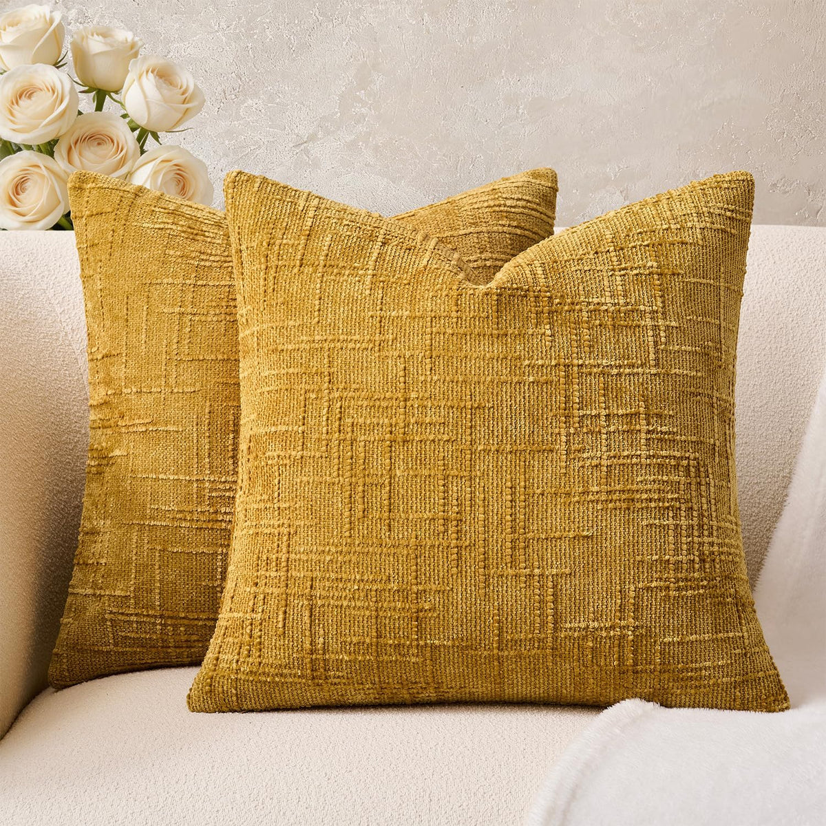Throw Pillow Covers Mustard Yellow Set of 2 18x18 Inch Pillow Covers, Soft Fall Chenille Neutral Decorative Covers for Couch Sofa Bed Living Room, Home Modern Farmhouse Boho Decor