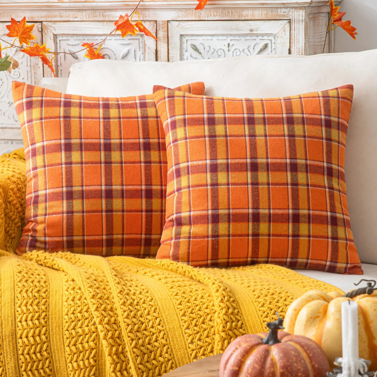 AQOTHES Fall Plaid Orange Throw Pillow Covers 18x18 Inch Set of 2