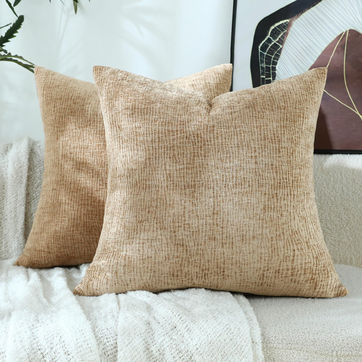Stellhome Pack of 2 Soft Textured Throw Decorative Pillow Covers Square Accent Solid Cushion Cover Cozy Farmhouse Pillow Case for Couch Sofa Bedroom Living Room 18x18 Inch, Natural Beige