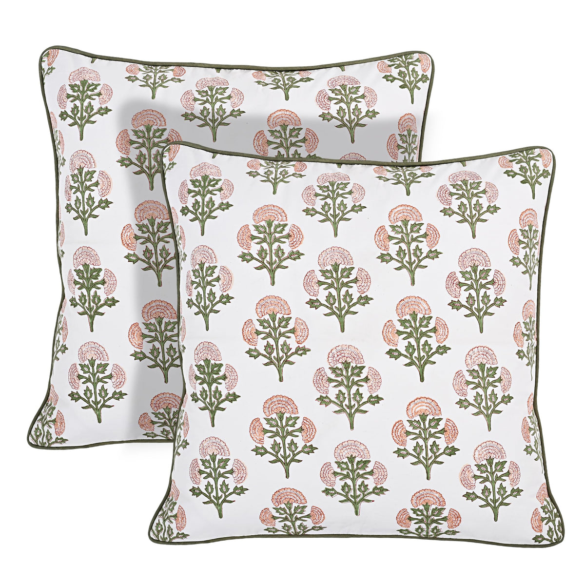 Ridhi Asparagus Green Block Print Cotton Pillow Cover 16x16 Inch Set of 2