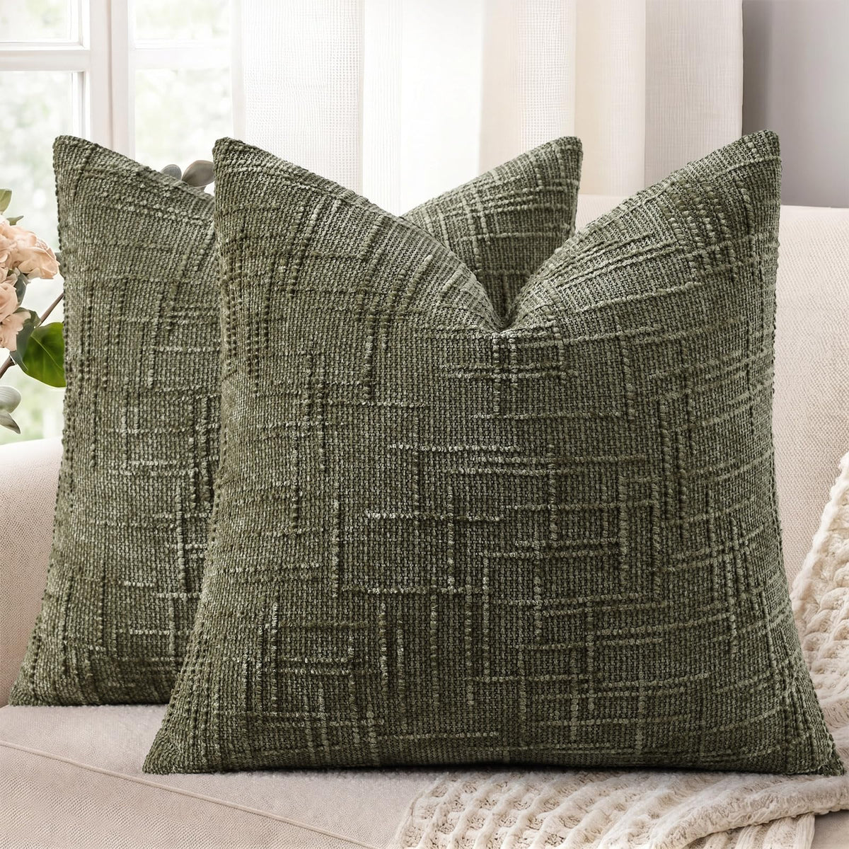 decorUhome Textured Chenille Throw Pillow Covers 18x18 Set of 2 Ivory