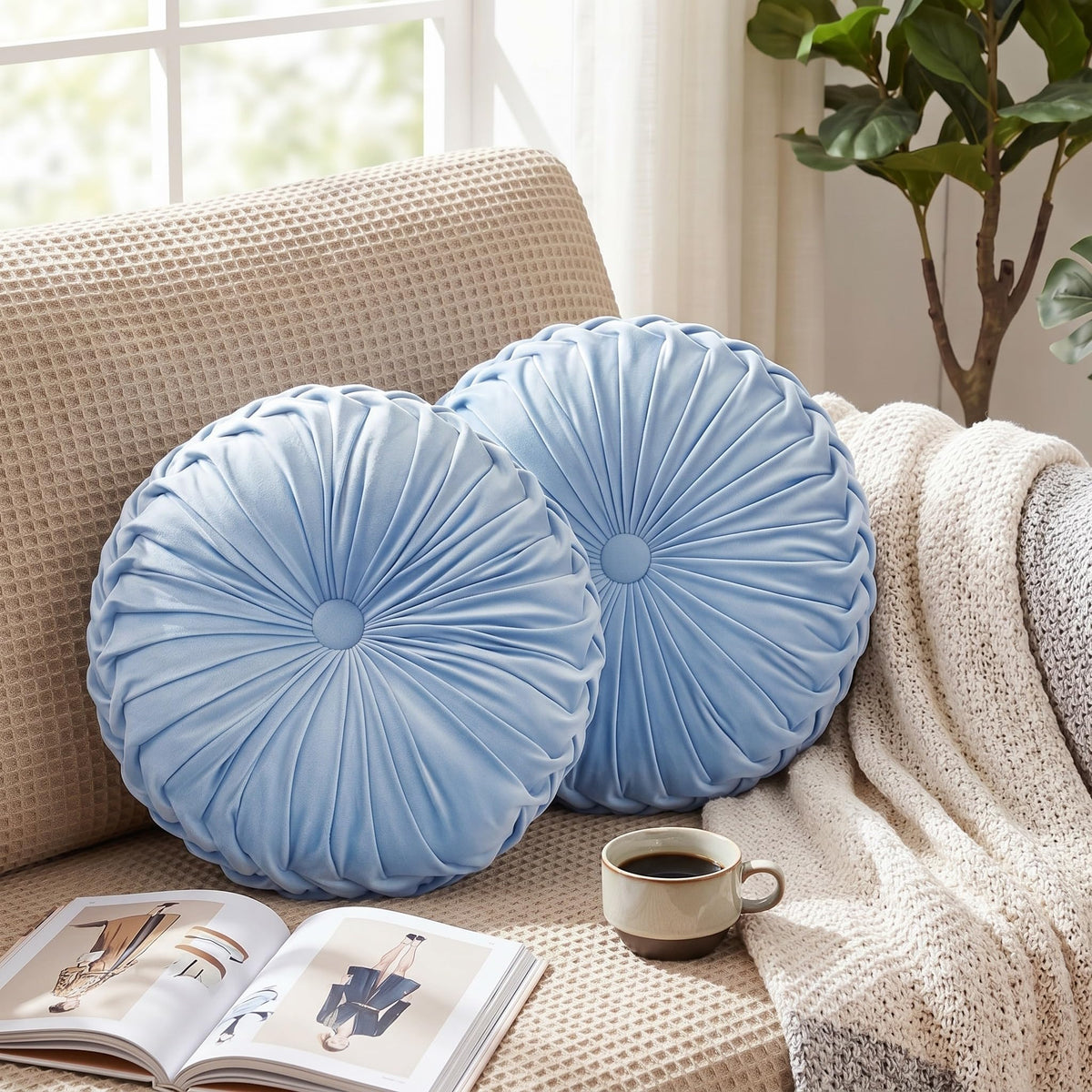 Kathfly 4 Pcs Round Throw Pillows Velvet Pleated Pillows, Vintage Colors