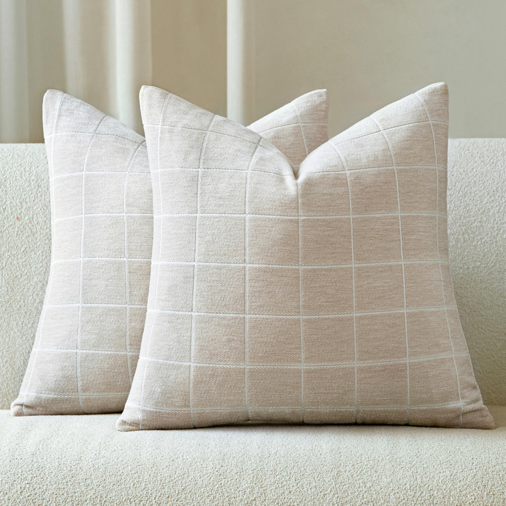 Decorative Chenille Plaid Fall Throw Pillow Covers Camel 18x18 Set of 2