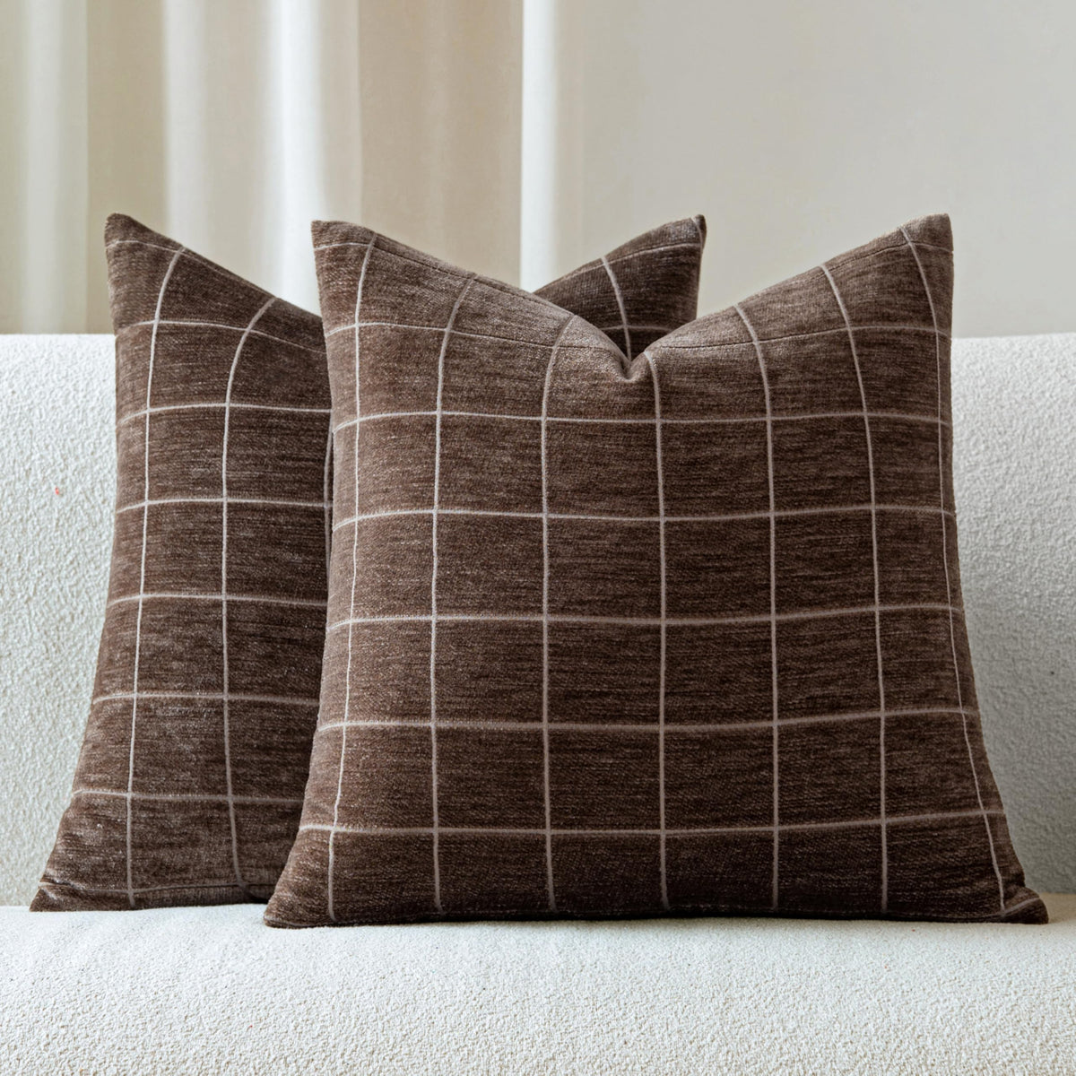 Decorative Chenille Plaid Fall Throw Pillow Covers Camel 18x18 Set of 2