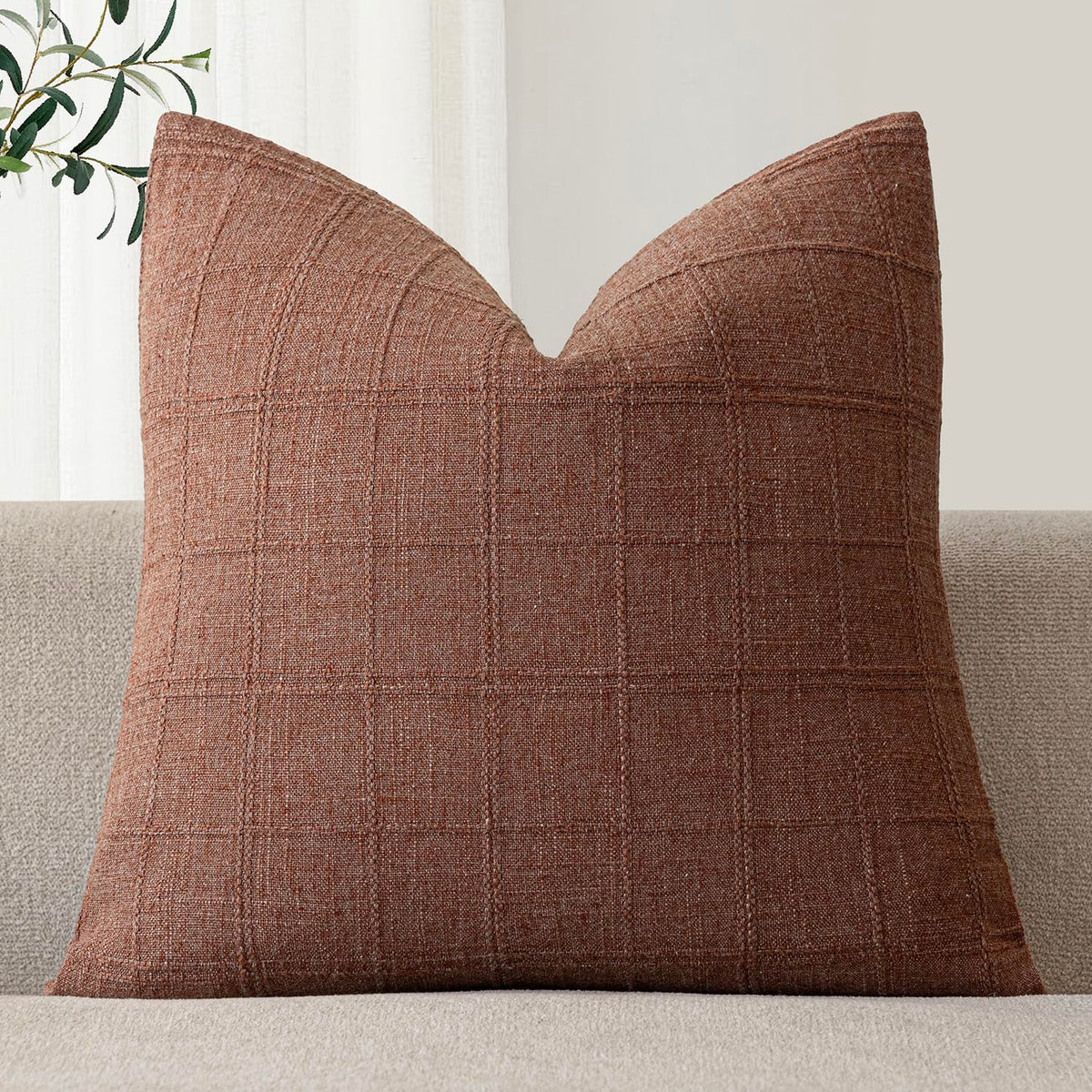 Foindtower Set of 1 Decorative Linen Check Throw Pillow Cover Neutral Farmhouse Lumbar Cushion Cover Modern Boho Home Decor for Sofa Chair Couch Bedroom Living Room,12×20 Inch,Olive Green