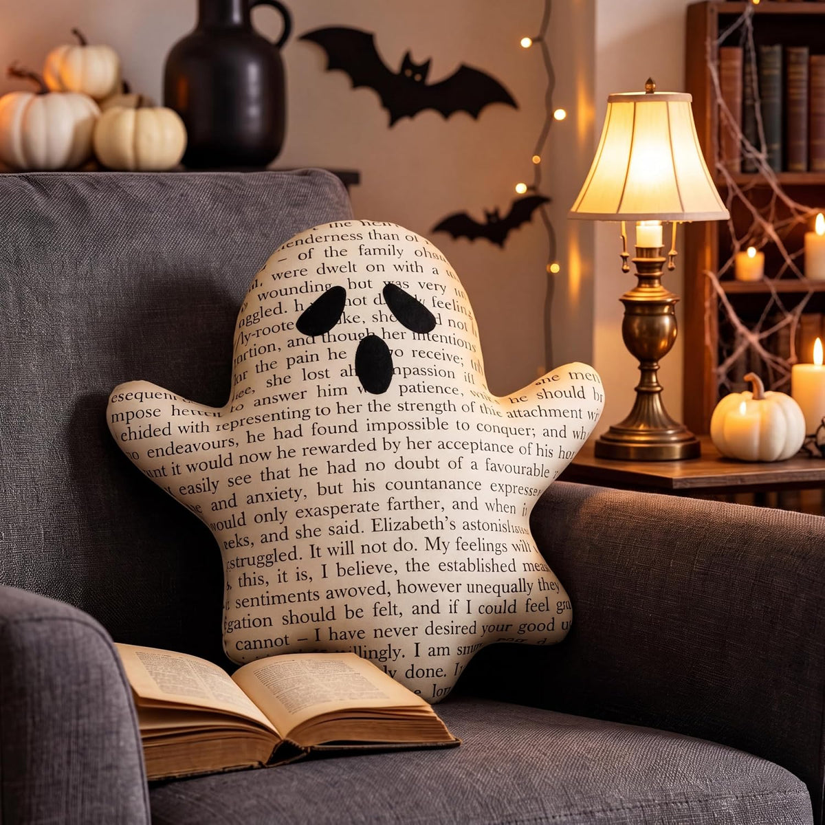 RattanView Ghost Halloween Pillow Vintage Book Page Plush Throw Decor