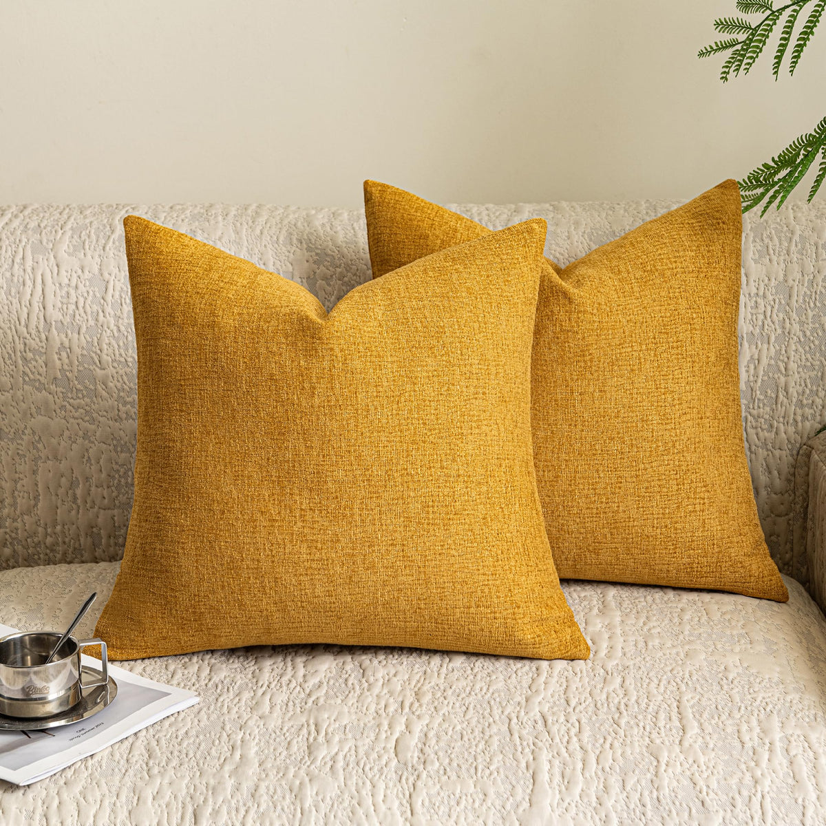 Stellhome Pack of 2 Soft Textured Throw Decorative Pillow Covers Square Accent Solid Cushion Cover Cozy Farmhouse Pillow Case for Couch Sofa Bedroom Living Room 18x18 Inch, Natural Beige