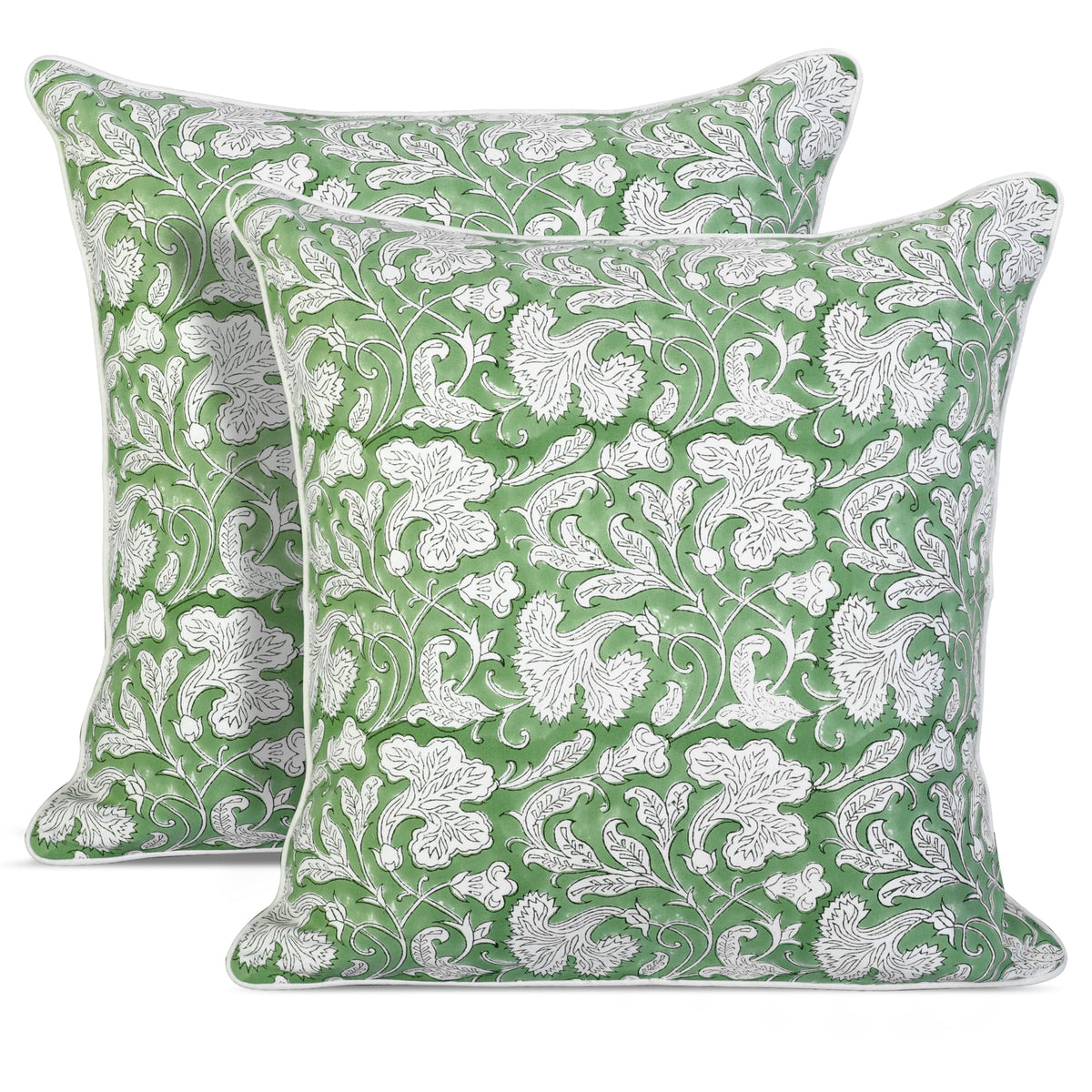 Ridhi Asparagus Green Block Print Cotton Pillow Cover 16x16 Inch Set of 2