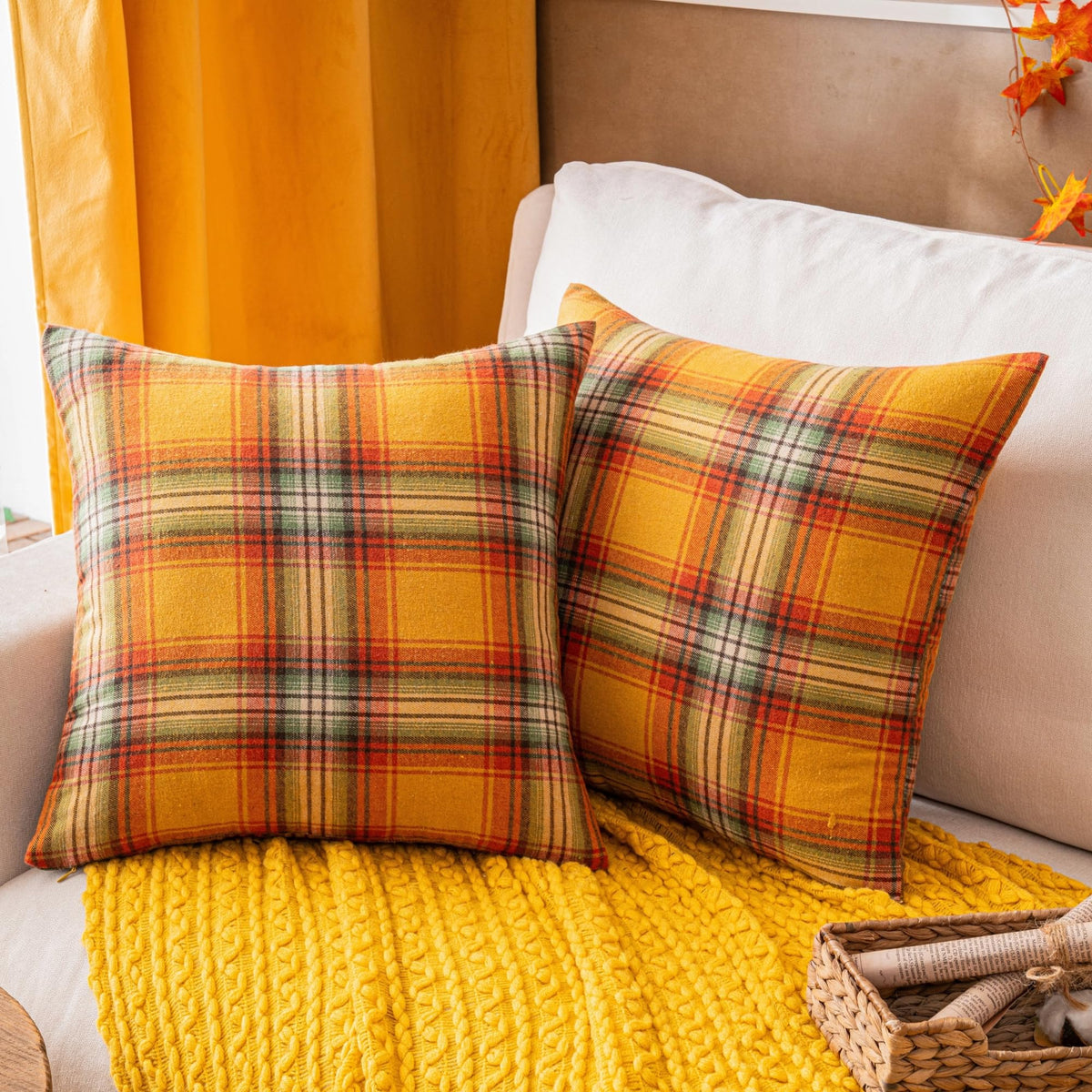 AQOTHES Fall Plaid Orange Throw Pillow Covers 18x18 Inch Set of 2