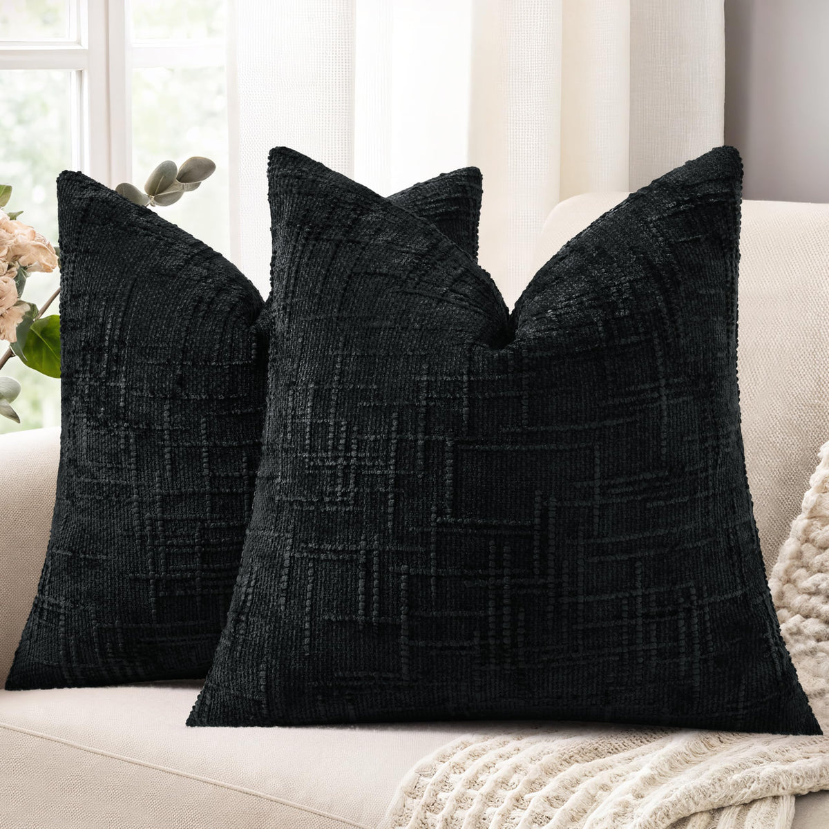 decorUhome Textured Chenille Throw Pillow Covers 18x18 Set of 2 Ivory