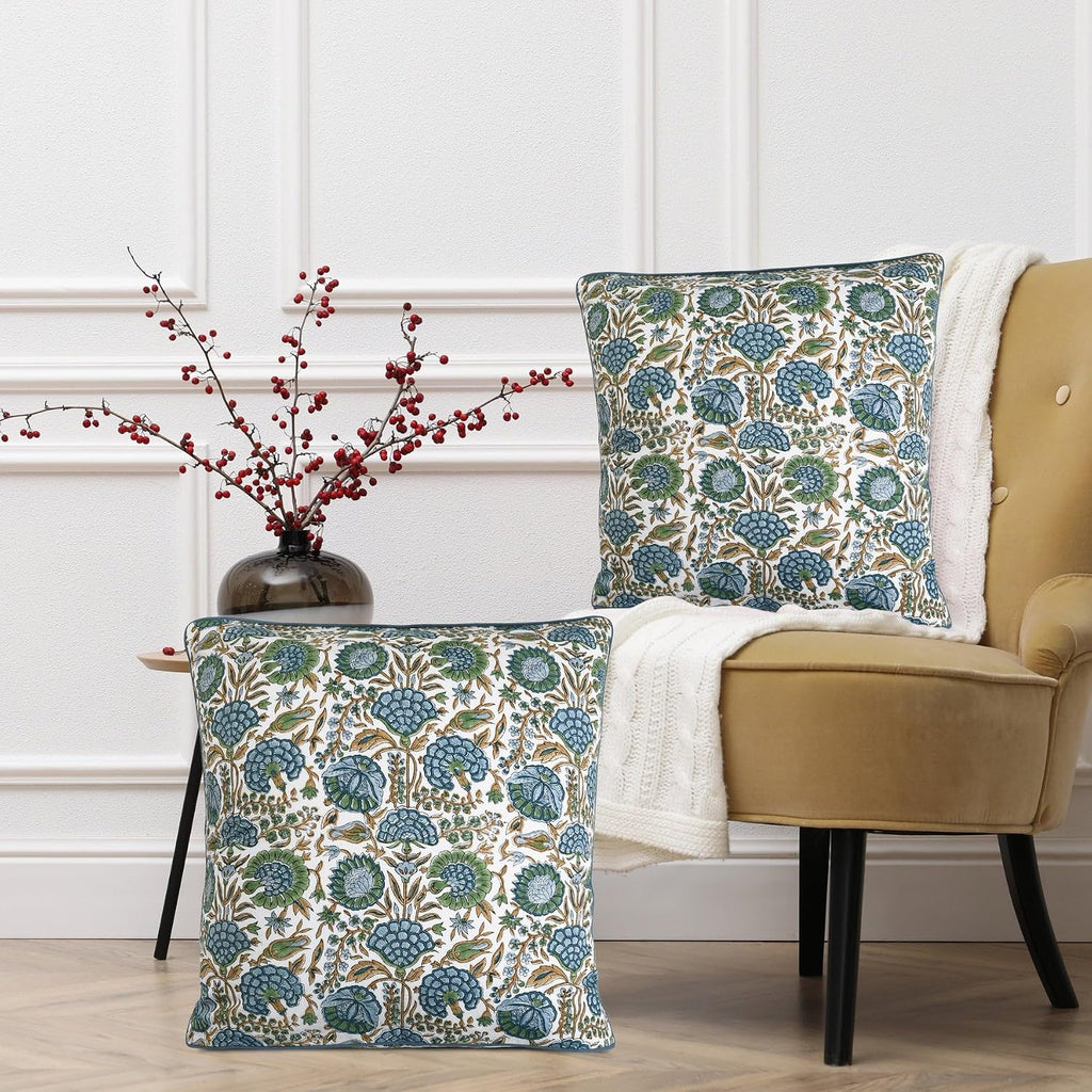 Ridhi Asparagus Green Block Print Cotton Pillow Cover 16x16 Inch Set of 2