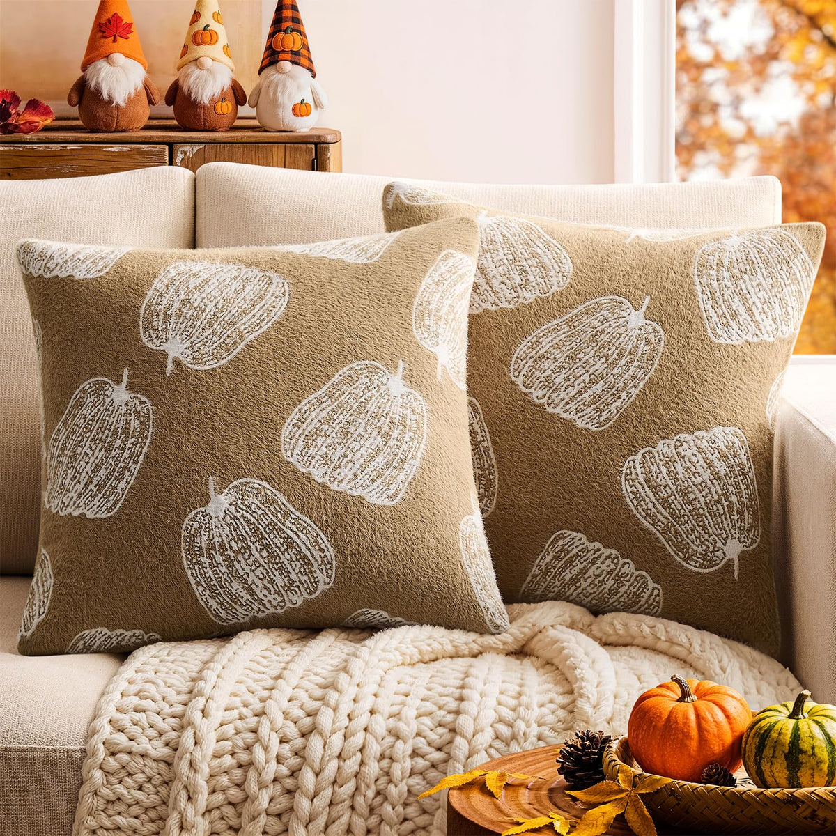 Throw Pillow Covers Set of 2 18x18 White Pumpkins Fall Camel Covers, Soft Faux Decorative Yellow Covers for Couch Sofa Bed Living Room, Farmhouse Home Boho Decor