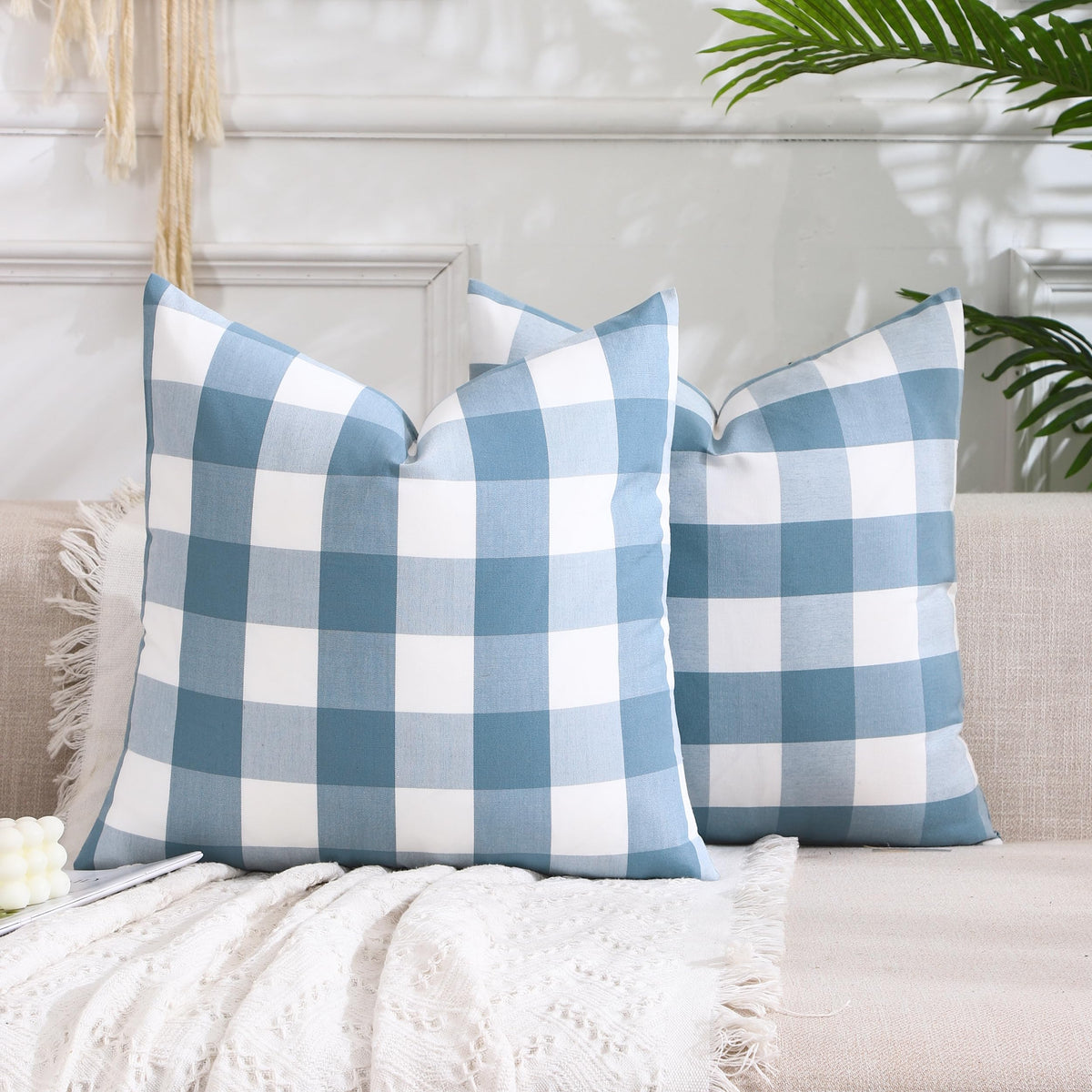 Farmhouse Brown Gingham Checkered Plaid Throw Pillow Covers 20x20 Set of 2