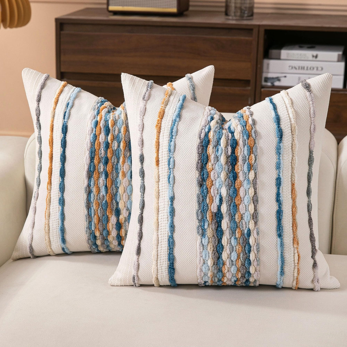 Boho Striped Throw Pillow Covers 18x18 Inch Set of 2 Farmhouse Square Decorative Pillow Covers Chenille Tufted Accent Neutral Pillowcase Grey Blue Cushion Cover for Living Room Couch Sofa Bed