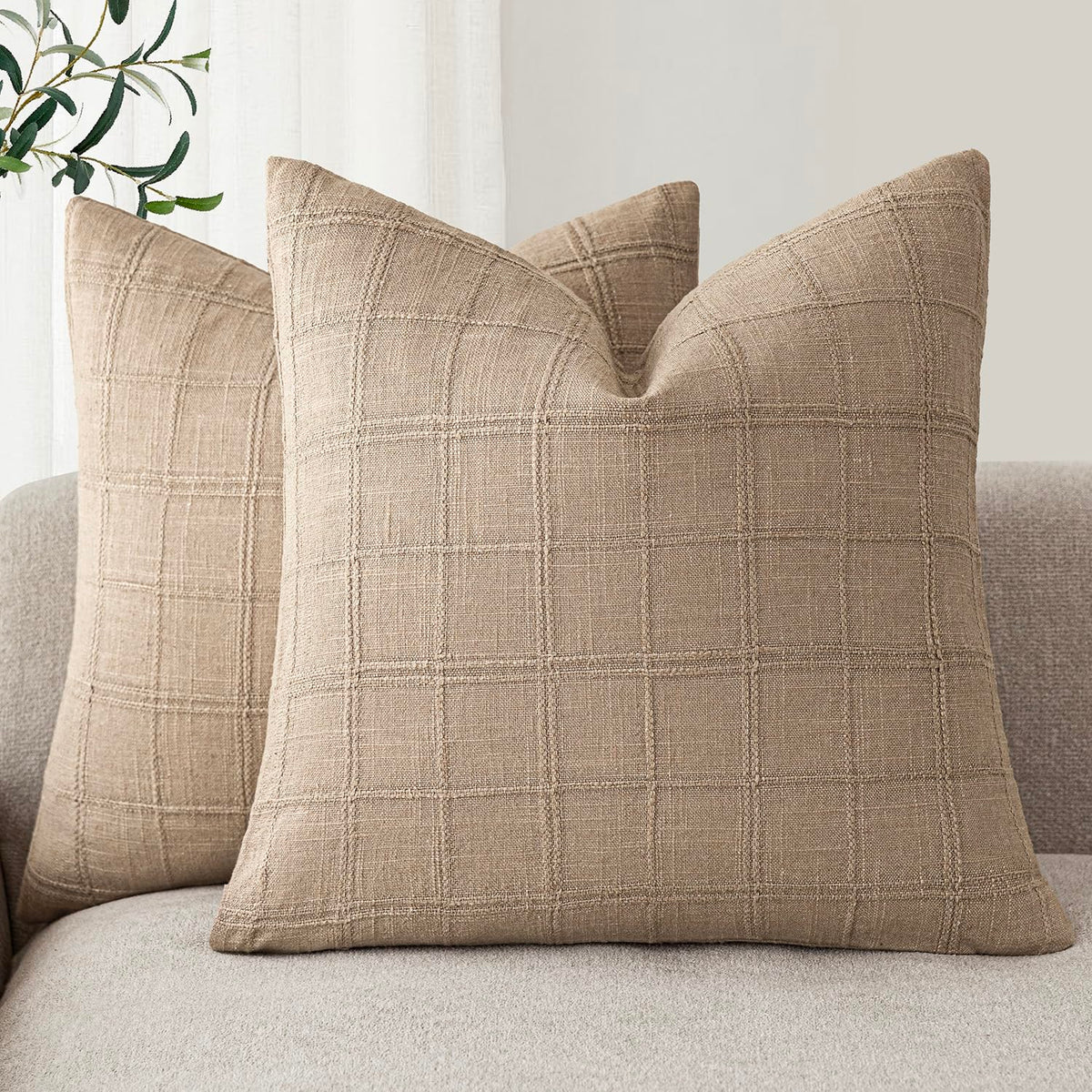 Foindtower Linen Check Decorative Throw Pillow Covers 18×18 Natural Beige