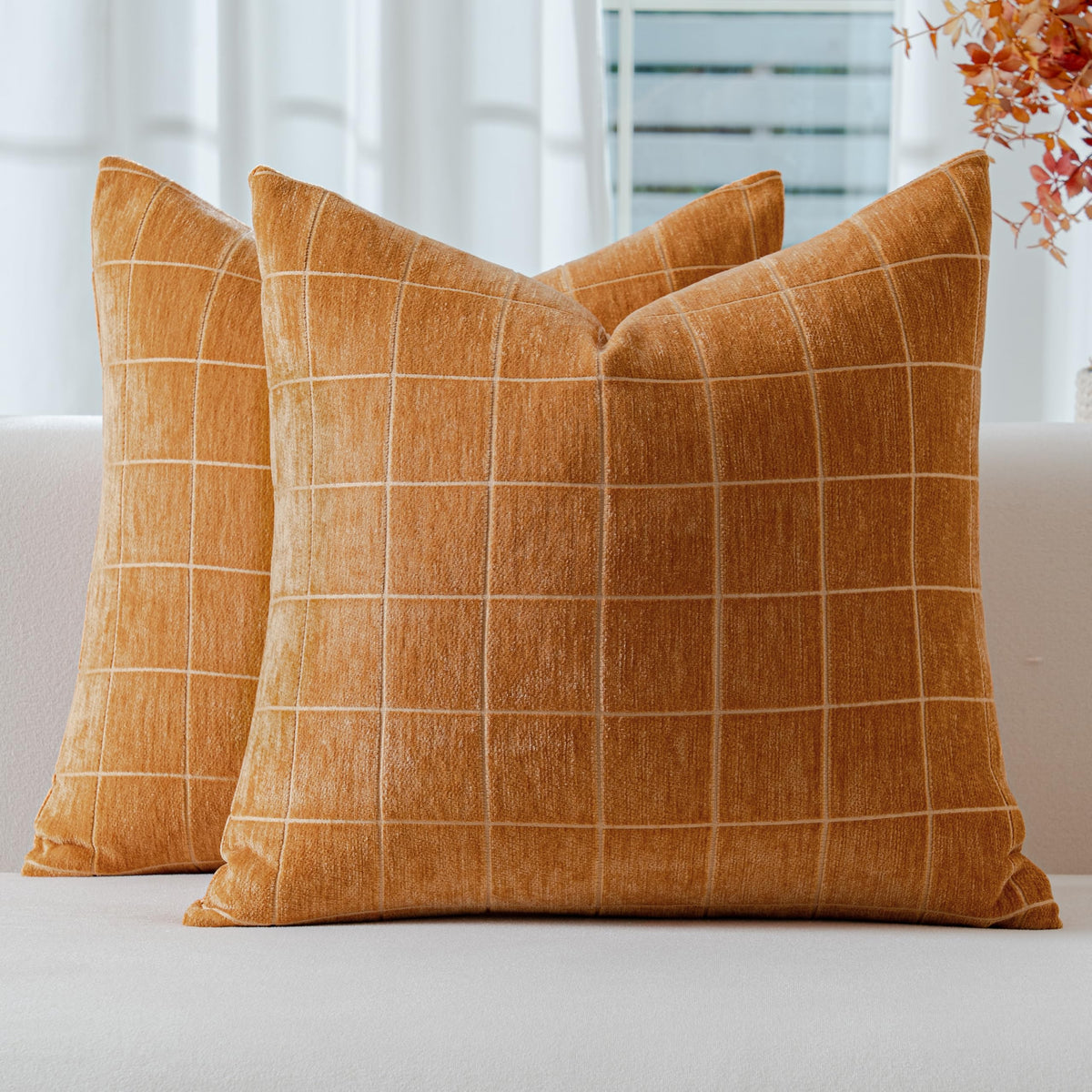 Decorative Chenille Plaid Fall Throw Pillow Covers Camel 18x18 Set of 2