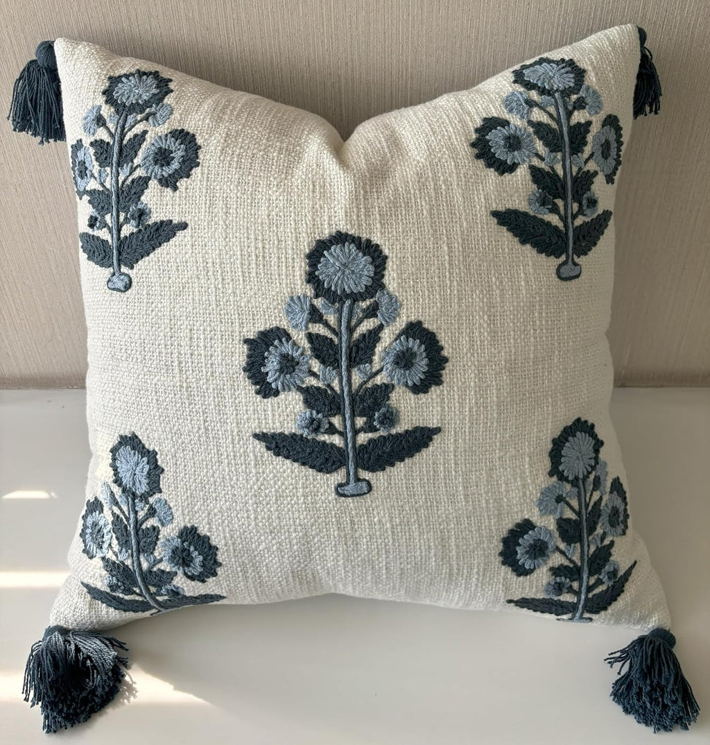 Blue Floral Hand Embroidered 20x20 Pillow Cover, Ivory