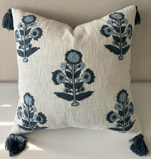 Blue Floral Hand Embroidered 20x20 Pillow Cover, Ivory