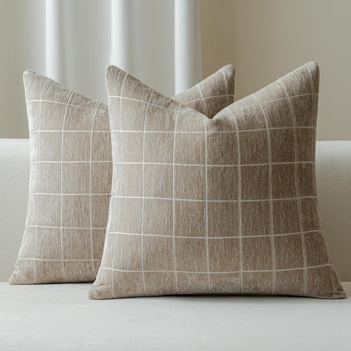 Decorative Chenille Plaid Fall Throw Pillow Covers Camel 18x18 Set of 2