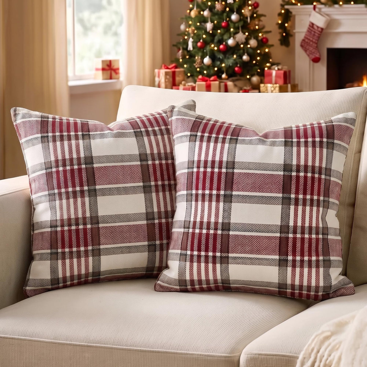 Brown Plaid Farmhouse Checkered Throw Pillow Cover 20x20 for Bed Couch Sofa