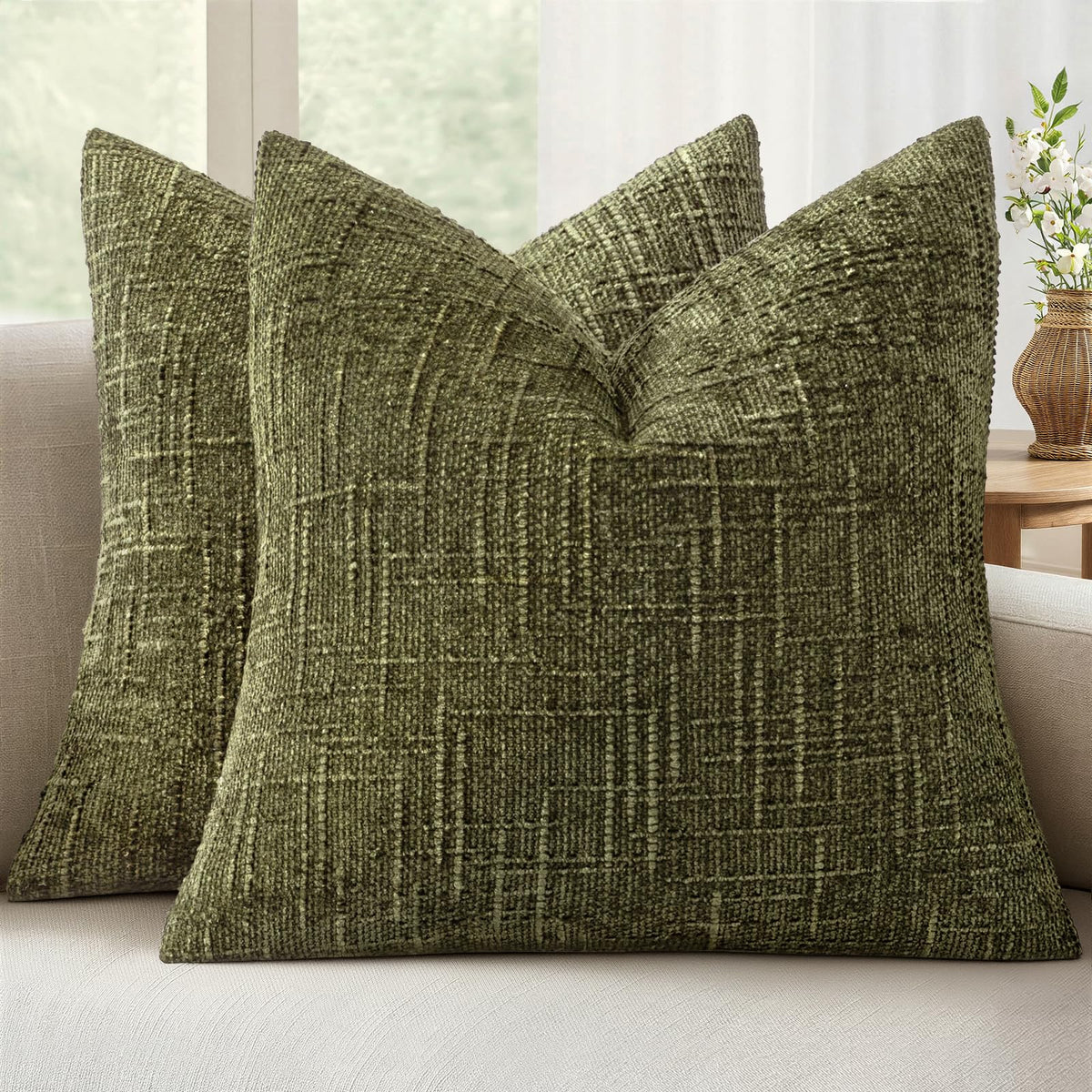 MIULEE Chenille Textured Throw Pillow Covers Cream White 18x18 Set of 2