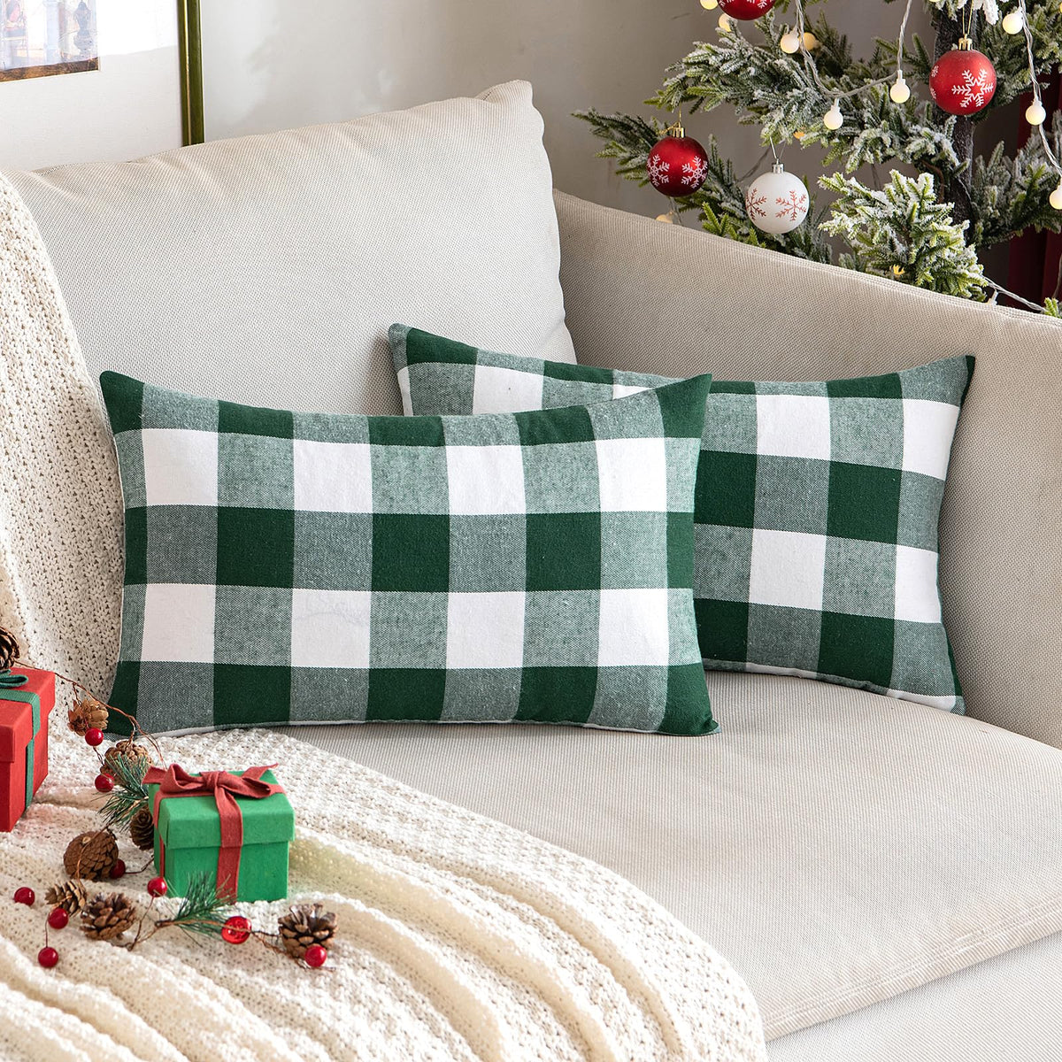 MIULEE Christmas Plaid Pillow Covers 18x18 White and Red Pack of 2