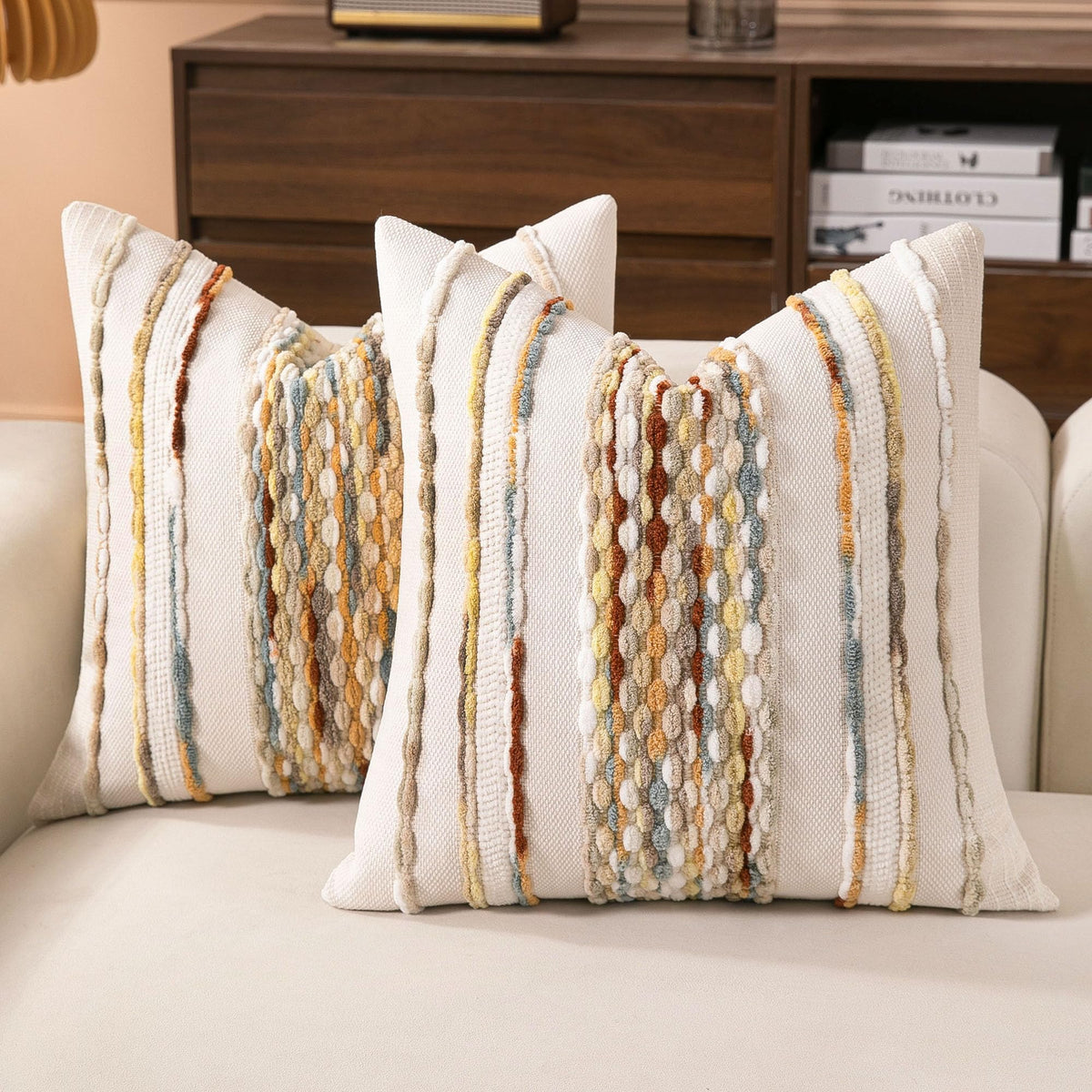 Boho Striped Throw Pillow Covers 18x18 Inch Set of 2 Farmhouse Square Decorative Pillow Covers Chenille Tufted Accent Neutral Pillowcase Grey Blue Cushion Cover for Living Room Couch Sofa Bed