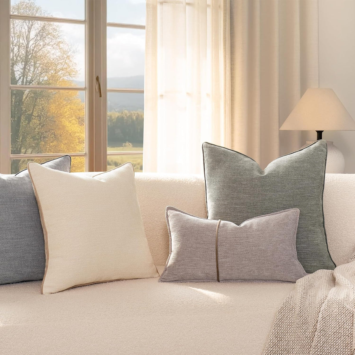 MATTINS Dusty Blue Cotton Throw Pillow Covers 22x22 Set of 2, Solid Decorative Pillow Covers with Chenille Texture and Velvet Back, Neutral Farmhouse Cushion Covers for Sofa Couch Bedroom