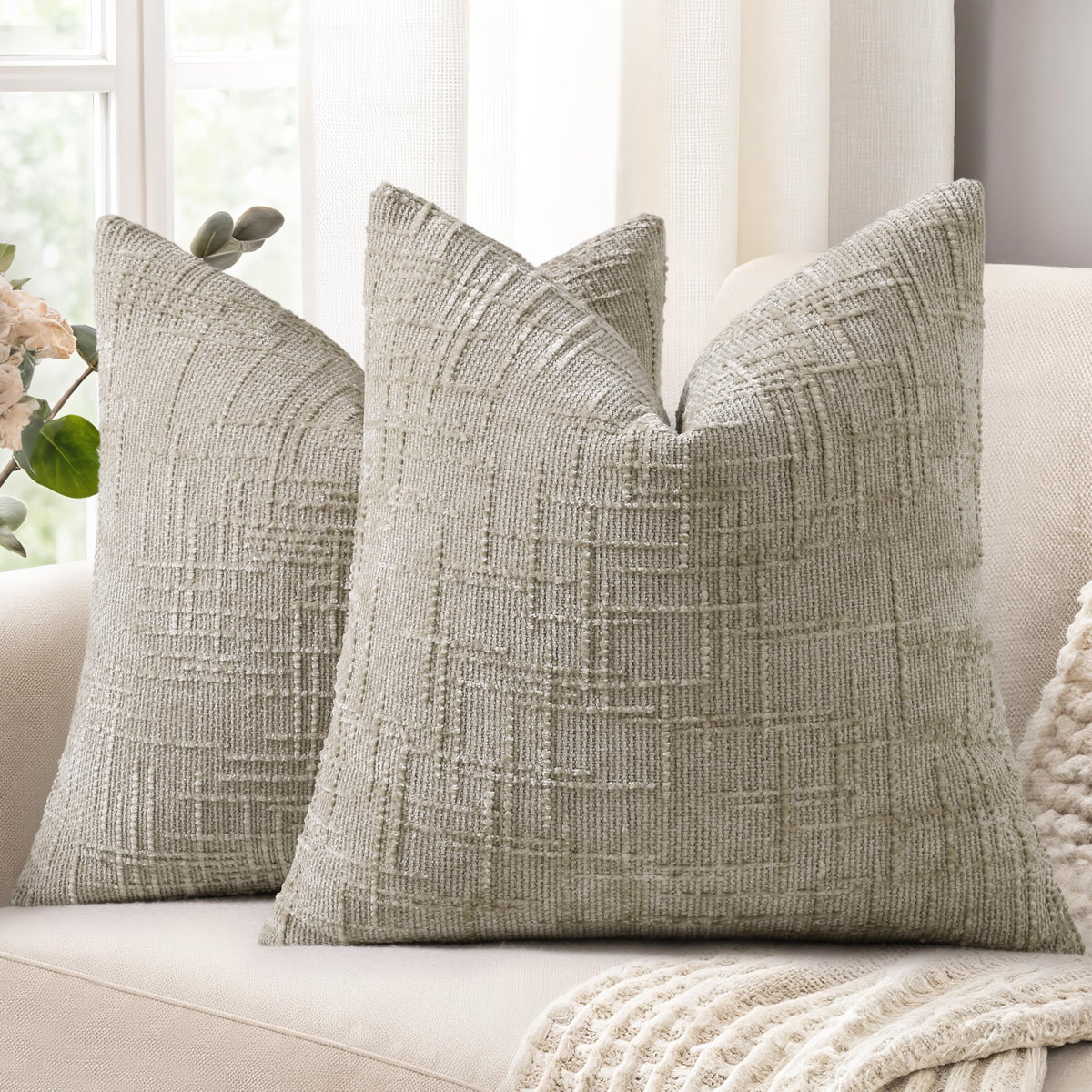 decorUhome Textured Chenille Throw Pillow Covers 18x18 Set of 2 Ivory