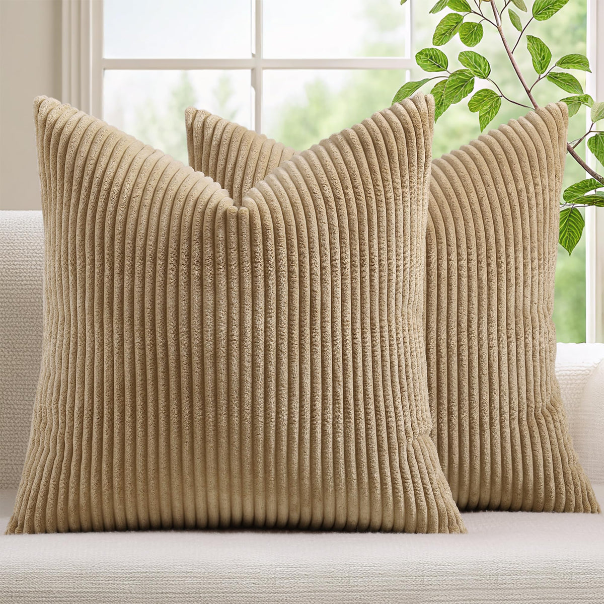Mecatny Corduroy Fall Throw Pillow Covers 18x18 Set of 2 Cream White