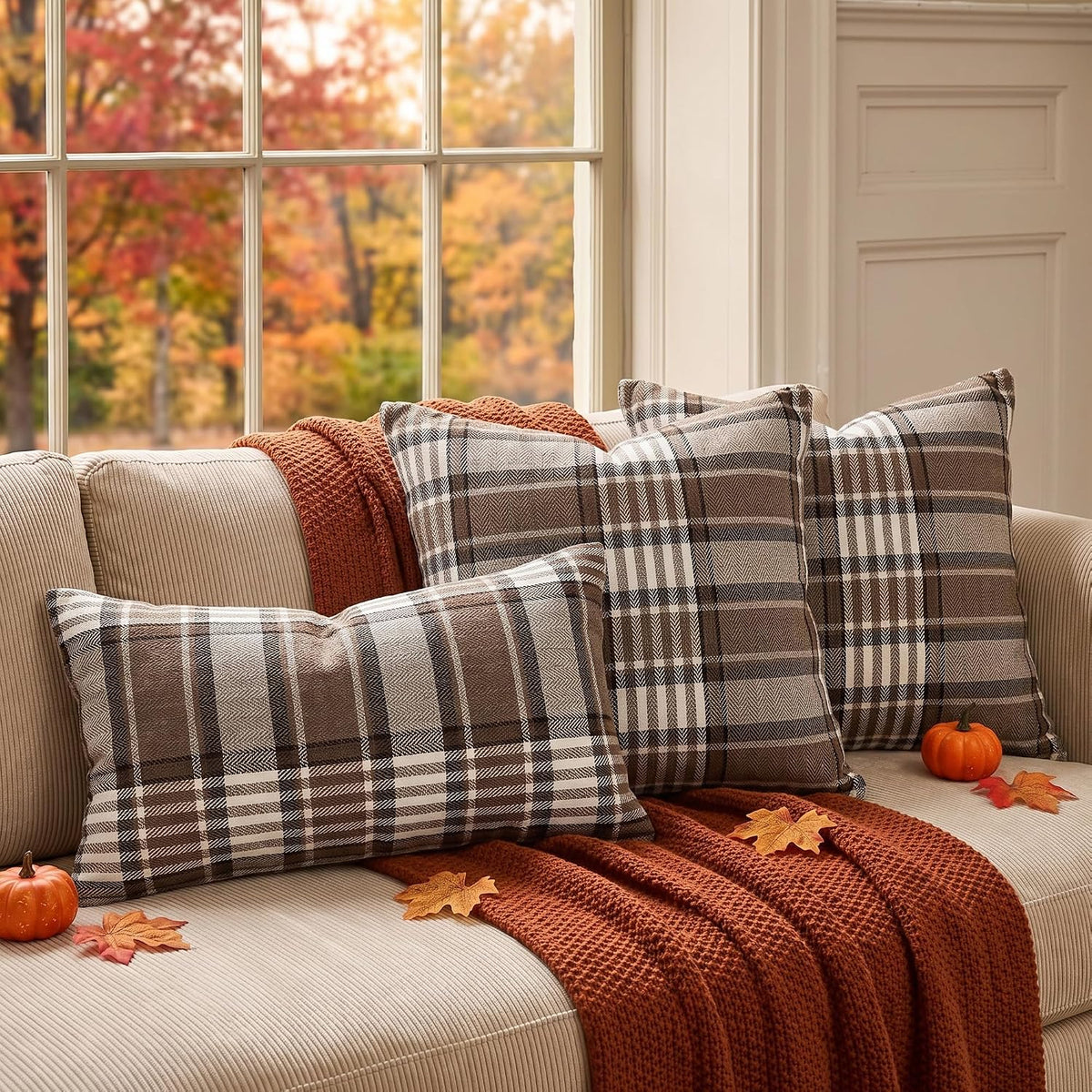 Brown Plaid Farmhouse Checkered Throw Pillow Cover 20x20 for Bed Couch Sofa