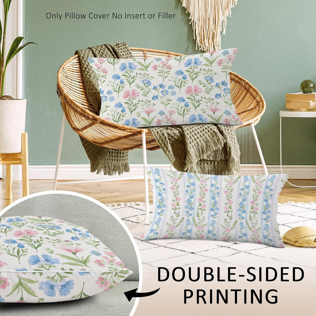 Preppy Pink and Blue Floral Throw Pillow Covers Set of 2