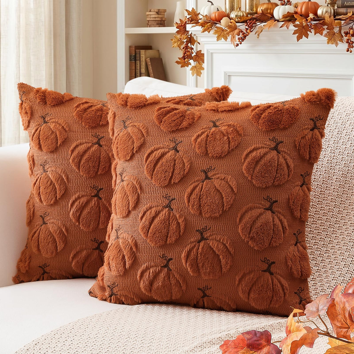 Artscope Fall Pumpkin Throw Pillow Covers 18x18 Set of 2, Autumn Soft Plush Faux Fur Decoration Cushion Covers for Thanksgiving Holiday Couch Sofa Bedroom Home Decor-Beige