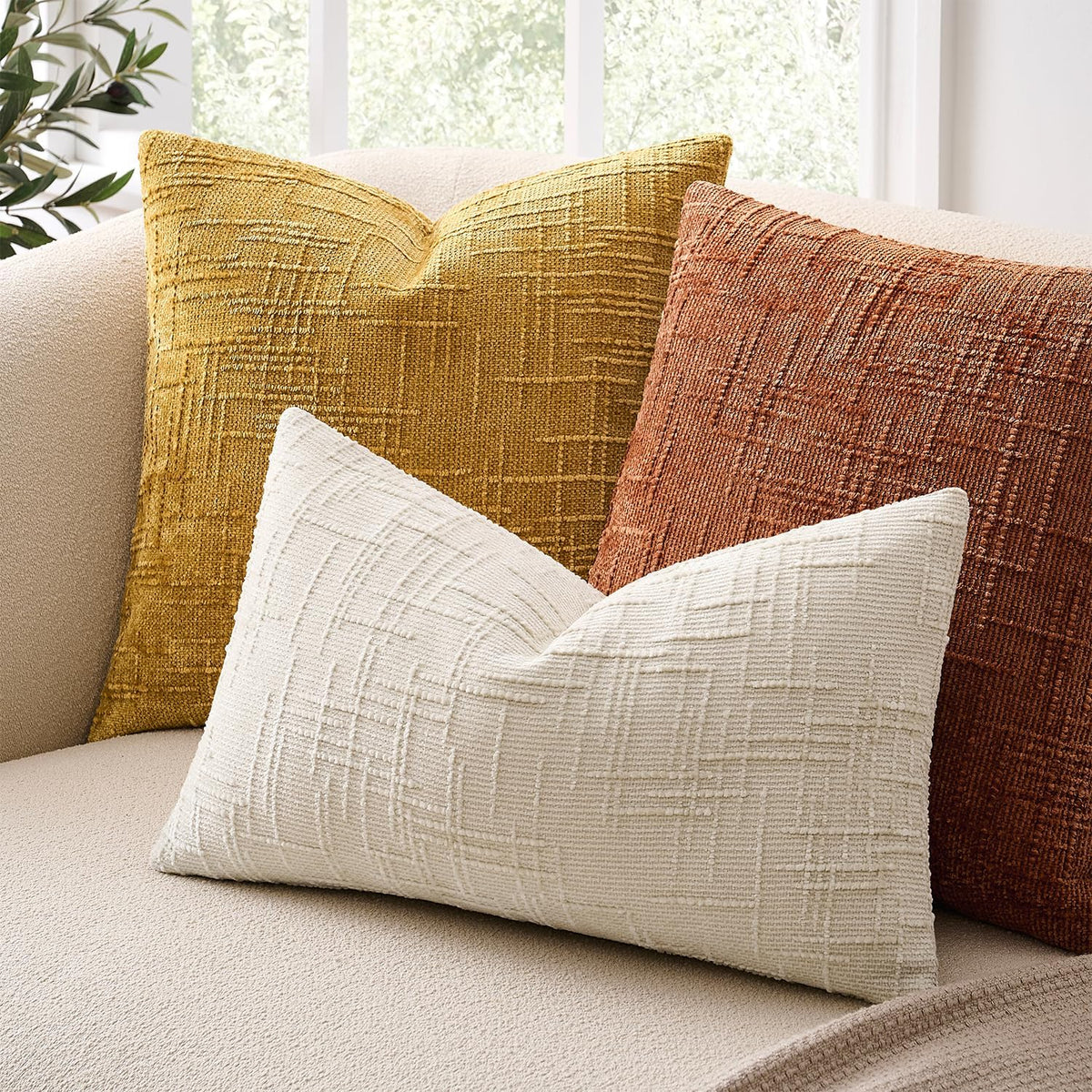 Throw Pillow Covers Mustard Yellow Set of 2 18x18 Inch Pillow Covers, Soft Fall Chenille Neutral Decorative Covers for Couch Sofa Bed Living Room, Home Modern Farmhouse Boho Decor