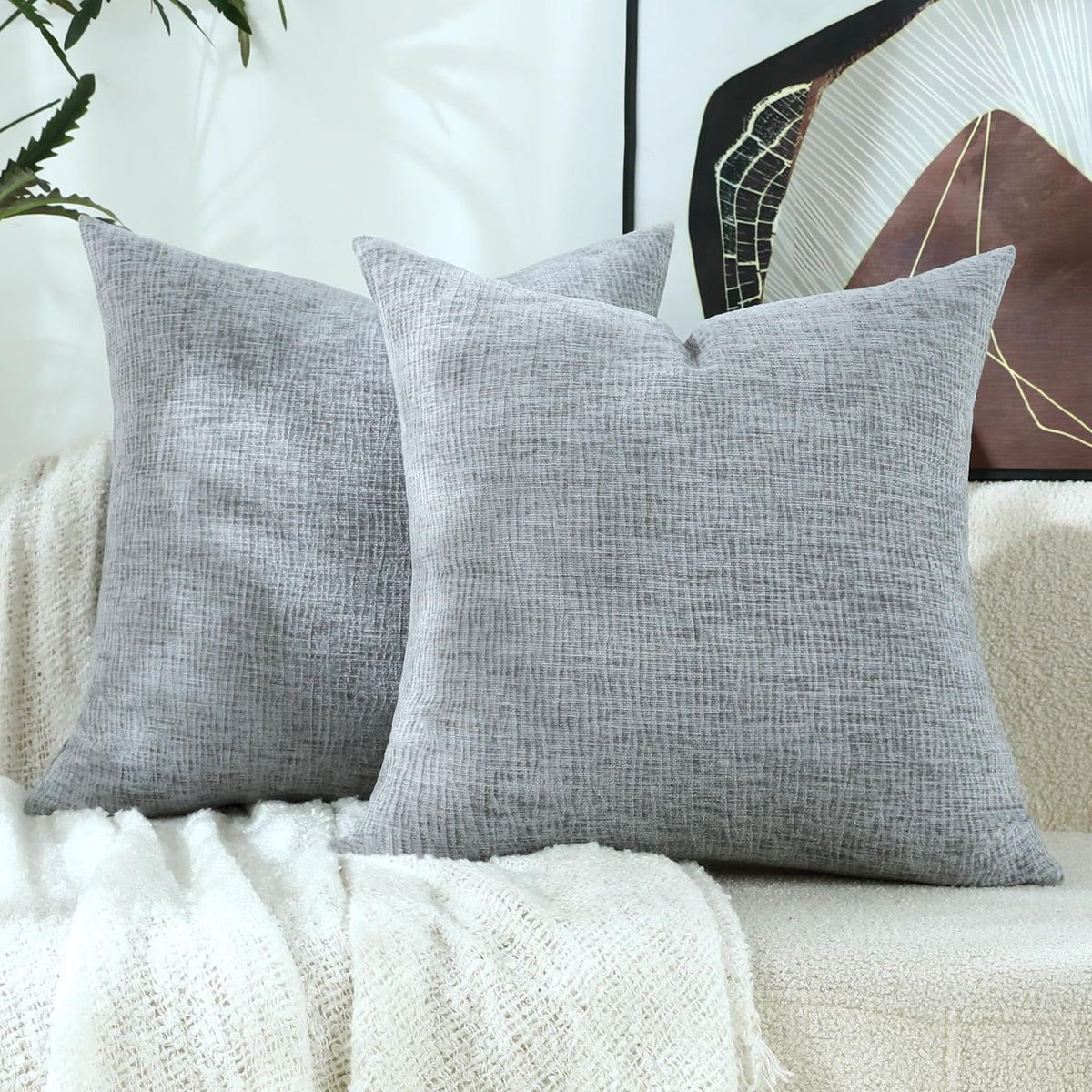 Stellhome Pack of 2 Soft Textured Throw Decorative Pillow Covers Square Accent Solid Cushion Cover Cozy Farmhouse Pillow Case for Couch Sofa Bedroom Living Room 18x18 Inch, Natural Beige